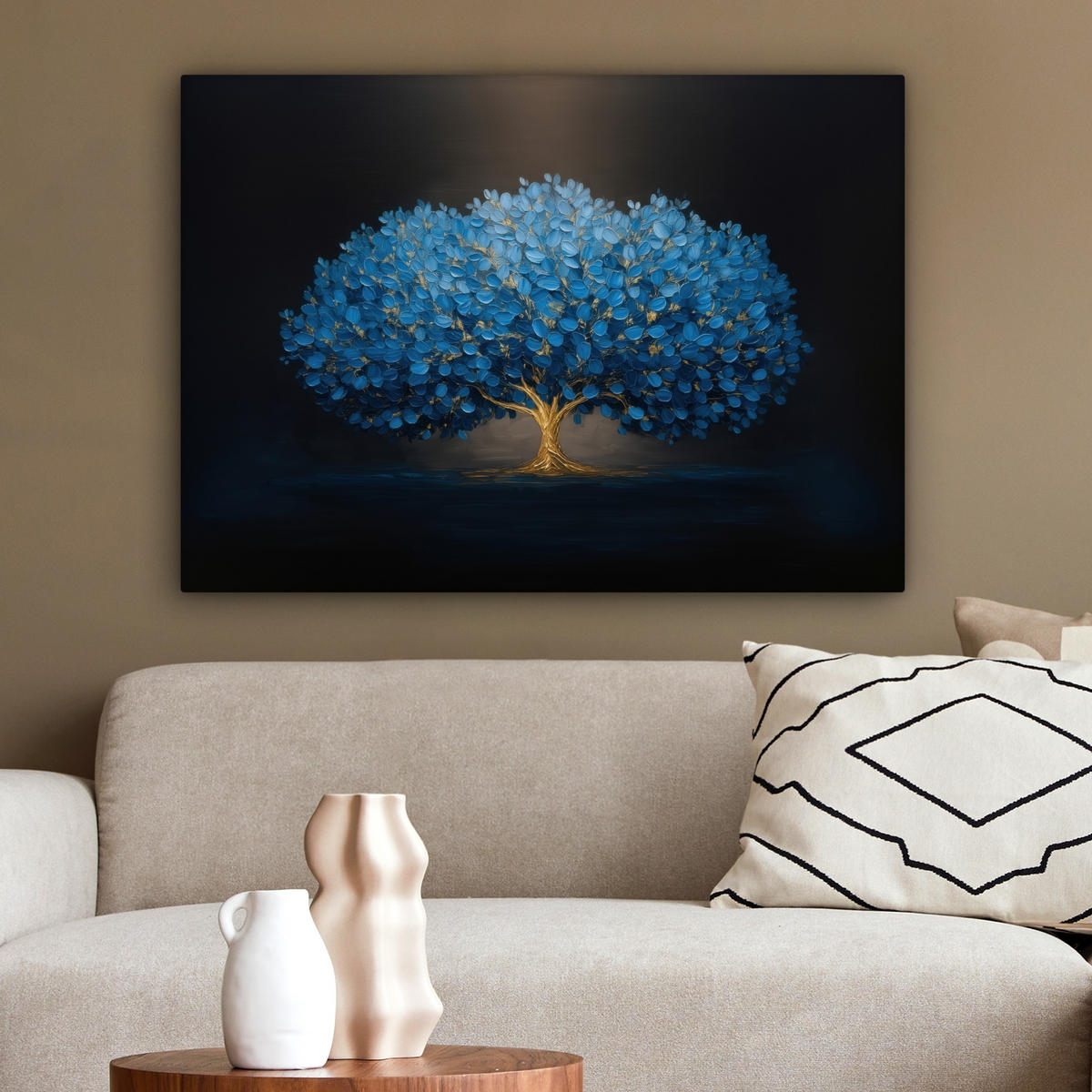 LEINWANDBILD Baum - Blau - Blätter - Pinselstriche Wandbilder 80x60 cm - Blau, Textil (80/60cm) - MuchoWow