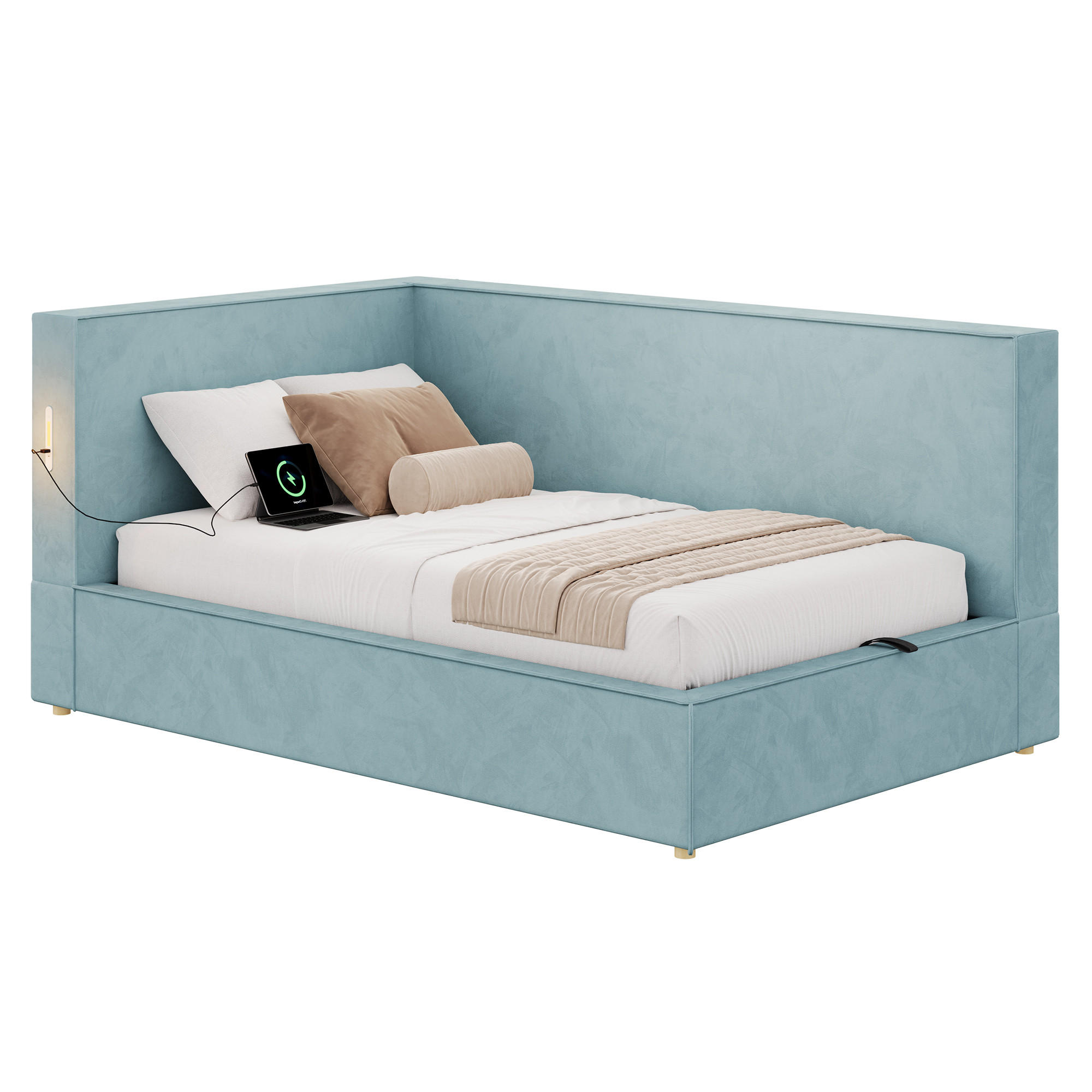 DAYBETT 90x200 cm, Blau, Samt, LED, USB/Typ-C - Blau, Textil (90/200cm) - FLIEKS