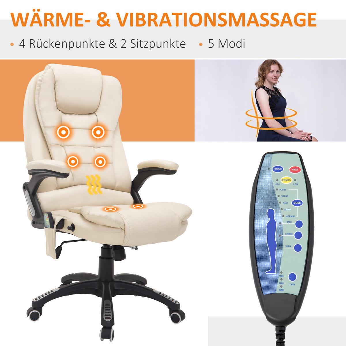 MASSAGESESSEL Bürostuhl Drehstuhl mit Wärmefunktion Chefsessel Bürosessel - Schwarz/Weiß, Kunststoff (68/121/62cm) - HOMCOM