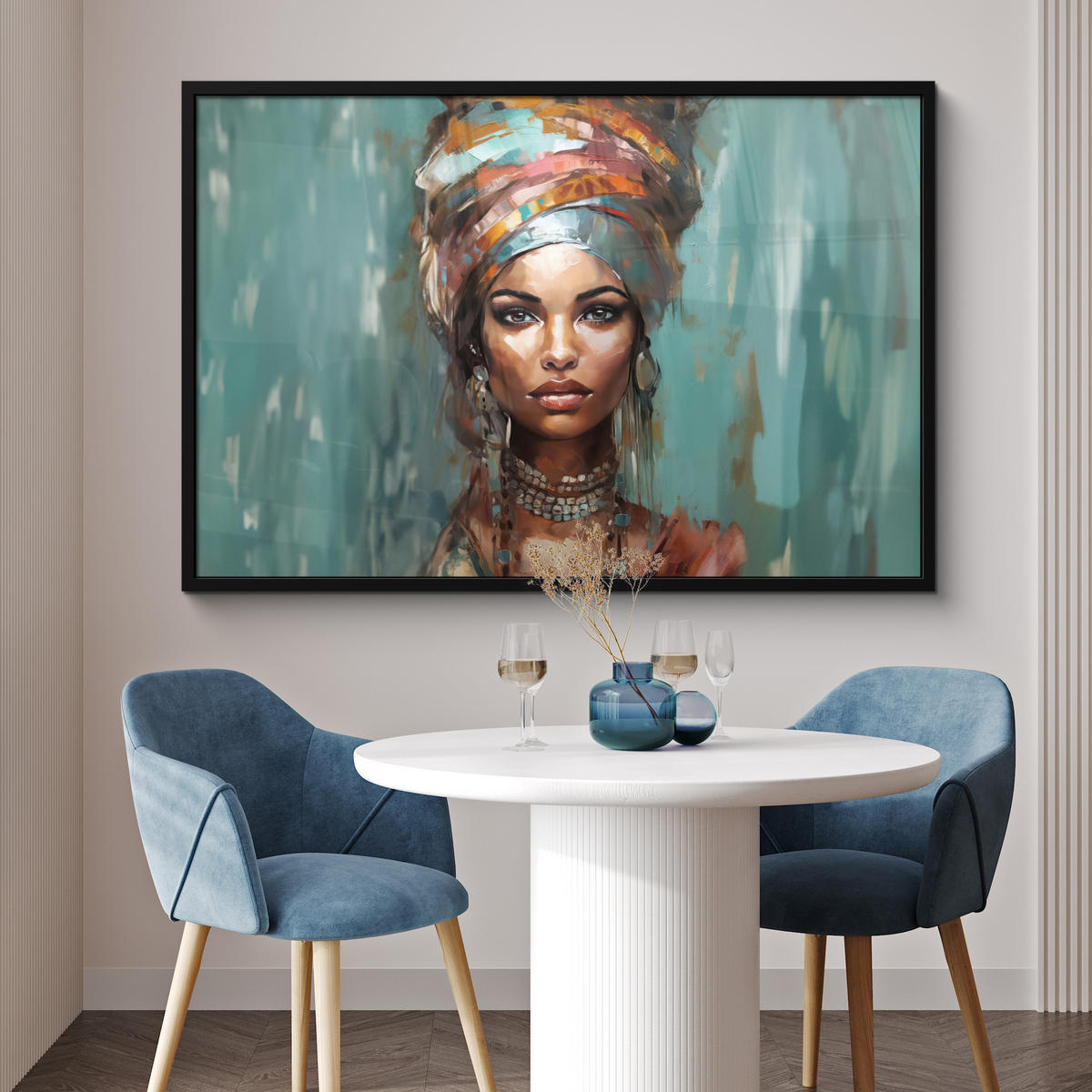 ZARÁMOVANÝ PLAGÁT Žena - Umenie - Šperky - Portrét 120x80 cm - modrosivá, papier (120/80cm) - MuchoWow