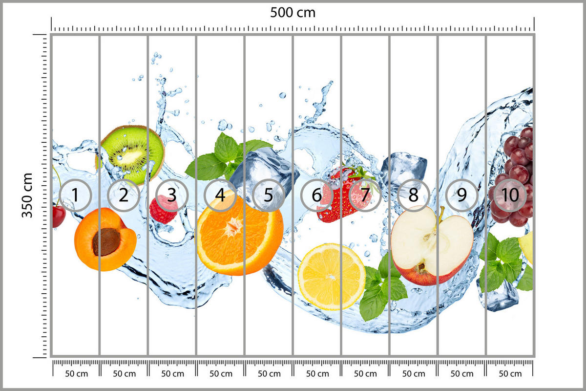 FOTOTAPETE für Küche Erfrischende Früchte Eis Wasser Orange Minze Zitrone Kiwi 500x350 - Gelb/Rot, Papier (500/350cm) - Muralo