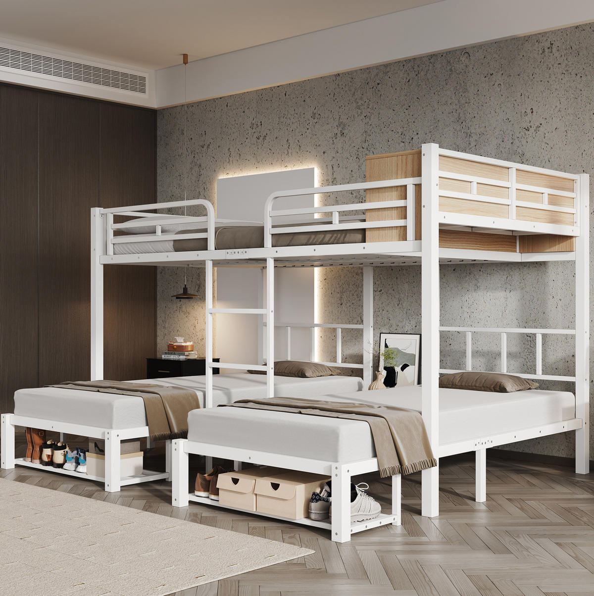ETAGENBETT aus Metall und Holz 140x200/90x200 cm Weiß/Natur mit offenem Regal und Schuhablage - Weiß, Metall (140/200cm) - Modfu