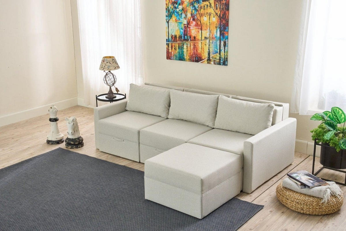 ECKSCHLAFSOFA mit Hocker - Beige/Creme, Holz/Kunststoff (230/180cm) - myHomelando