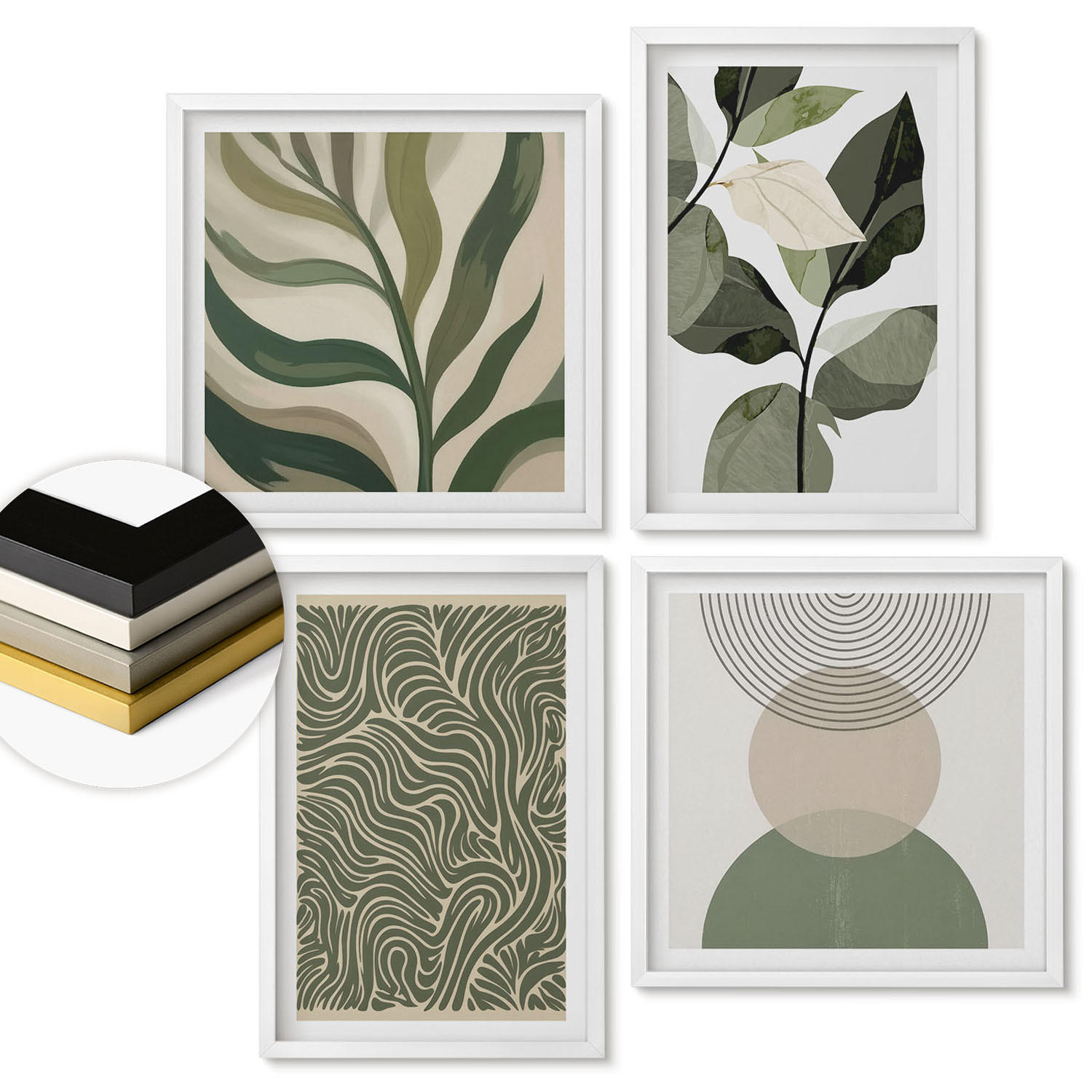 WANDBILDER 4er-Set - 50x50 cm & 40x60 cm Weißer Rahmen - Blätter geometrische Formen abstrakt - Weiß, Kunststoff (50/50cm) - ArtPrintCave