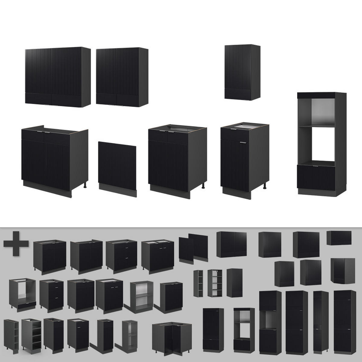 KÜCHENZEILE Fame-Line, Schwarz gestreift/Anthrazit, 300 cm mit Hochschrank, AP Anthrazit - Anthrazit/Schwarz, Holzwerkstoff (300/81.6/60cm) - Vicco