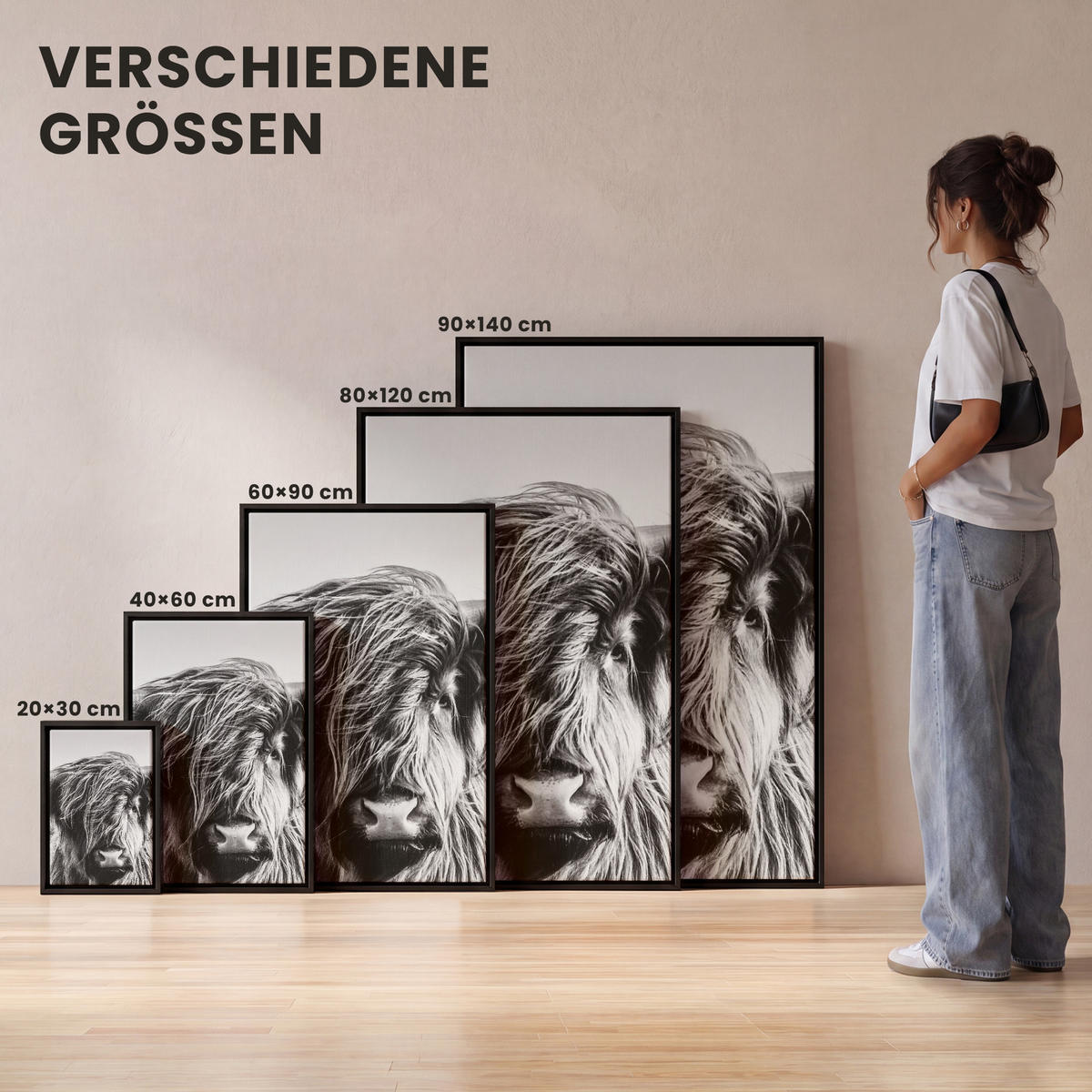 LEINWAND Bilder mit Rahmen - Kuh - Schottischer Hochländer - Schwarz - Weiß - Tier - Natur - Wildtiere - 100x150 - Schwarz, Textil (100/150cm) - MuchoWow