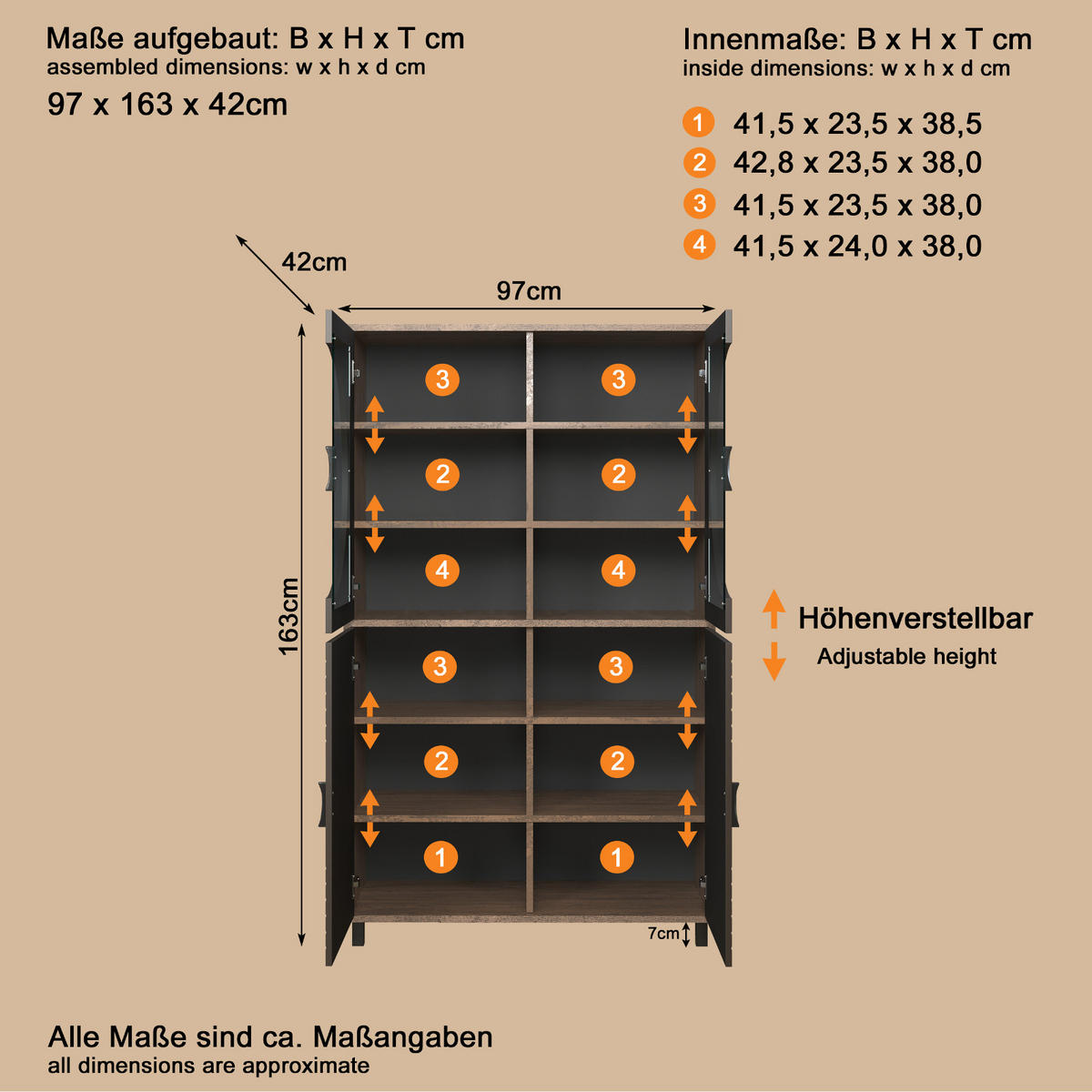 VITRINE Bronze und Rostoptik 97 x 163 cm, Highboard mit Soft-Close - Rostfarben/Schwarz, Glas/Holzwerkstoff (97/163/42cm) - Top.Furn