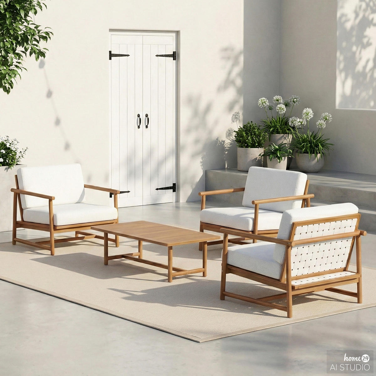 LOUNGEGRUPPE - 4-teilig - Akazie massiv / Webstoff - Akazie Braun / Creme - Creme/Akaziefarben, Holz/Kunststoff - home24