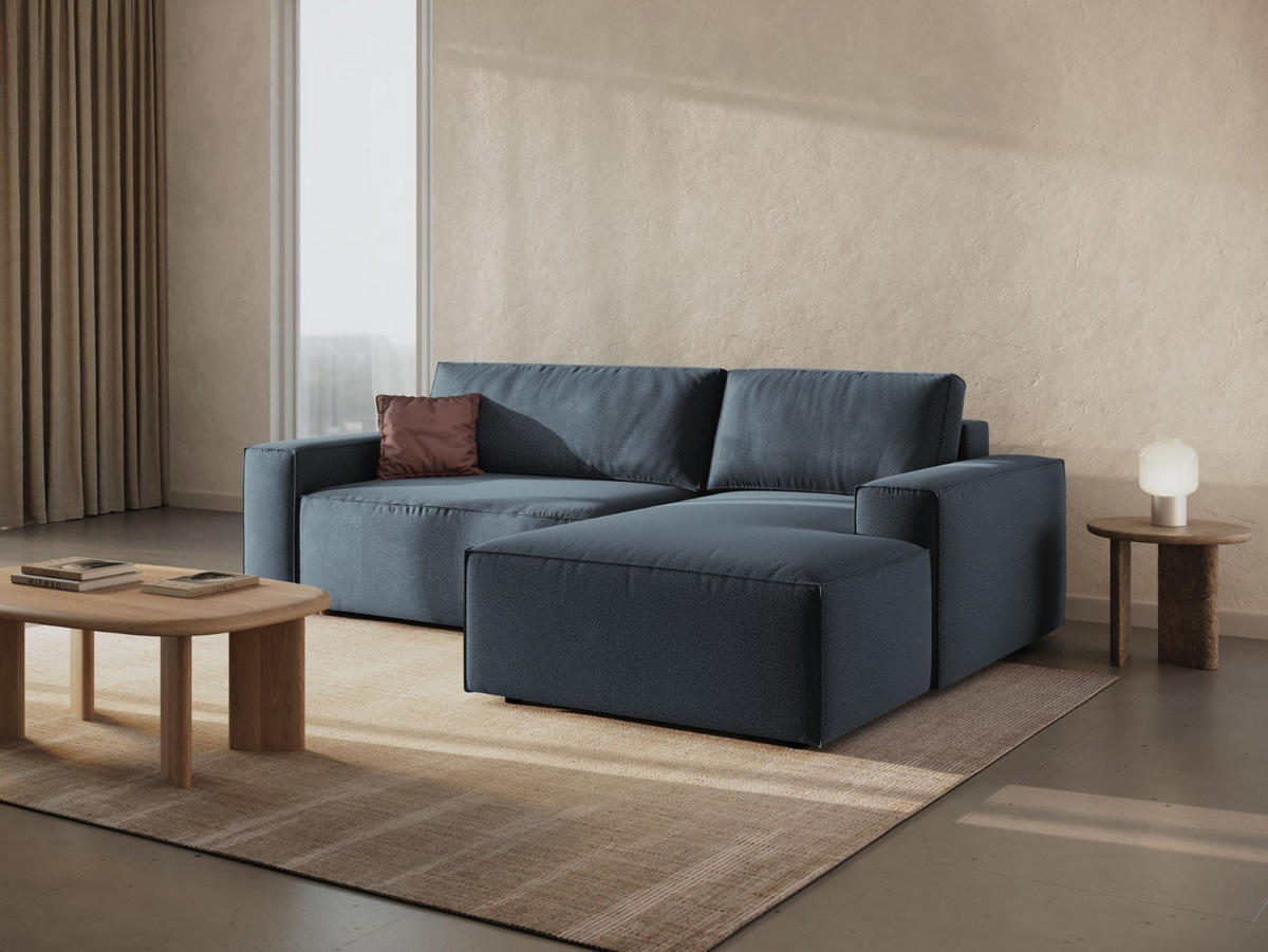 AUSKLAPPBARES-ECKSOFA rechts mit Container Jodie aus strukturiertem Stoff blau 3 Sitzplätze - Blau, Textil (246/151cm) - Micadoni
