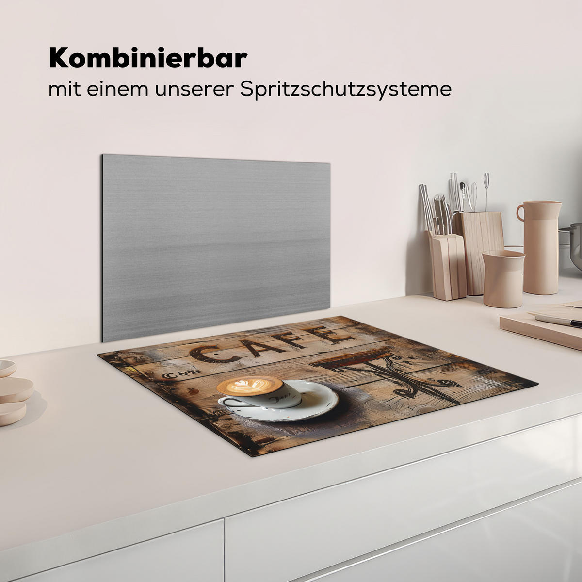 HERDABDECKPLATTE Cafe - Holz - Kaffee - Regale Herdabdeckung Induktionsfeld 65x52 cm - Schwarz, Kunststoff (65/52/0.2cm) - MuchoWow