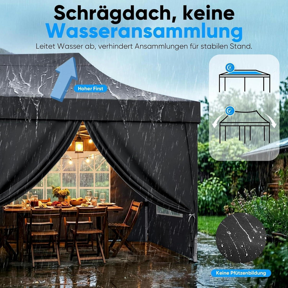 FALTPAVILLON 3x6m mit Seitenwänden wasserdicht UV-Schutz 50+ Stahlrahmen Schwarz - Schwarz, Metall (585/310/293cm)