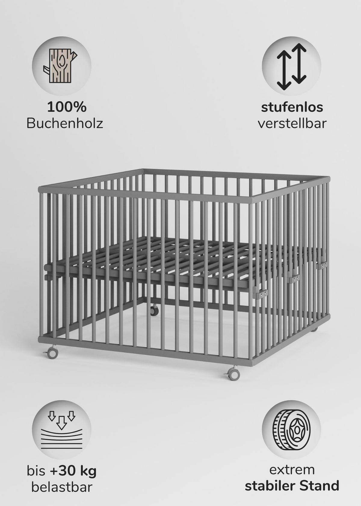 LAUFGITTER 100x100 cm mit Lattenrost & Matratze SleepPlus - grau - Premium Kollektion - Grau, Holz (100/74/100cm) - Sämann – make a difference.