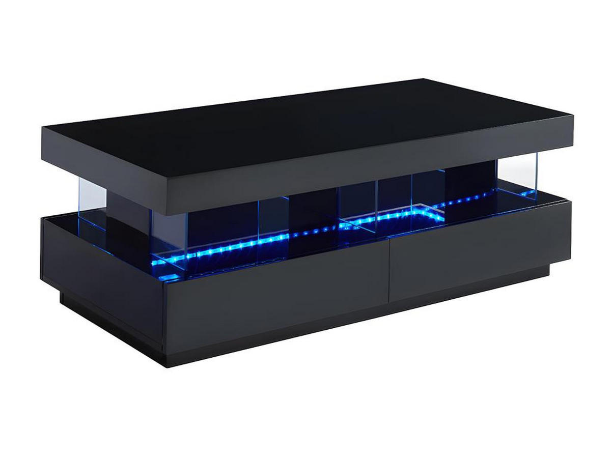 COUCHTISCH mit 2 Schubladen + 2 Ablagen + LEDs - MDF lackiert - Schwarz - FABIO - Schwarz, Holz (120/60/42cm) - Vente-Unique