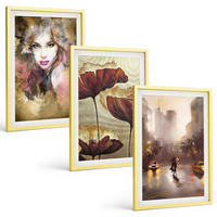 BILDER SET 3er Set - 40x60 cm Goldrahmen - Abstraktes Porträt einer Frau mit Blumen und Regen - Goldfarben, Kunststoff (40/60cm) - TULUP