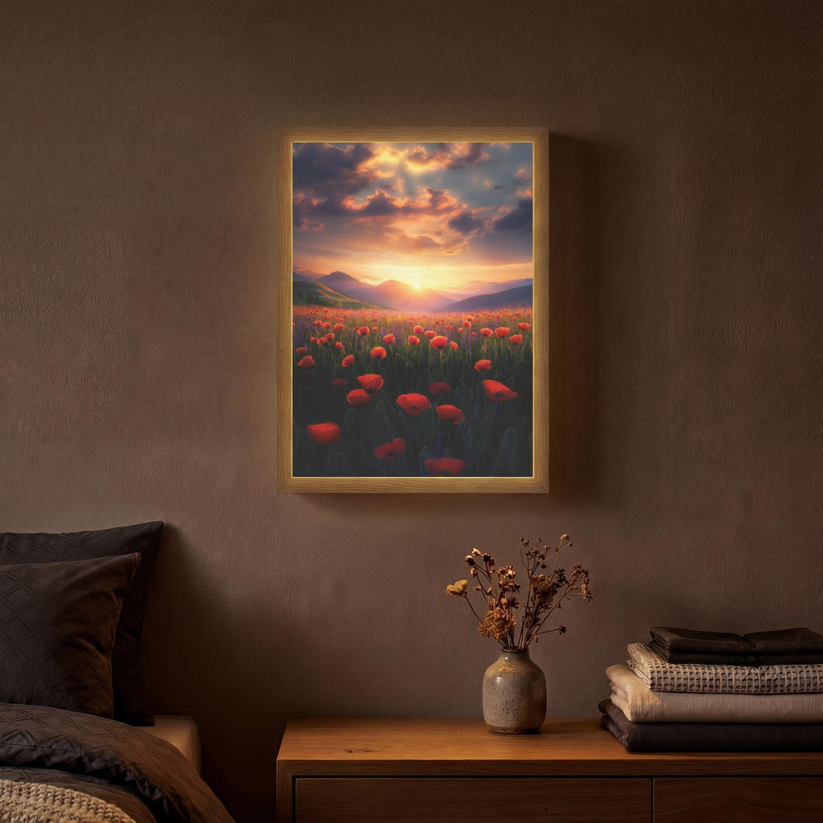 WANDLEUCHTE MIT AKKU Landschaft - Sonnenuntergang - Blumenfeld 30x40 cm - Rot, Holzwerkstoff (30/40/8cm) - OnlyWow