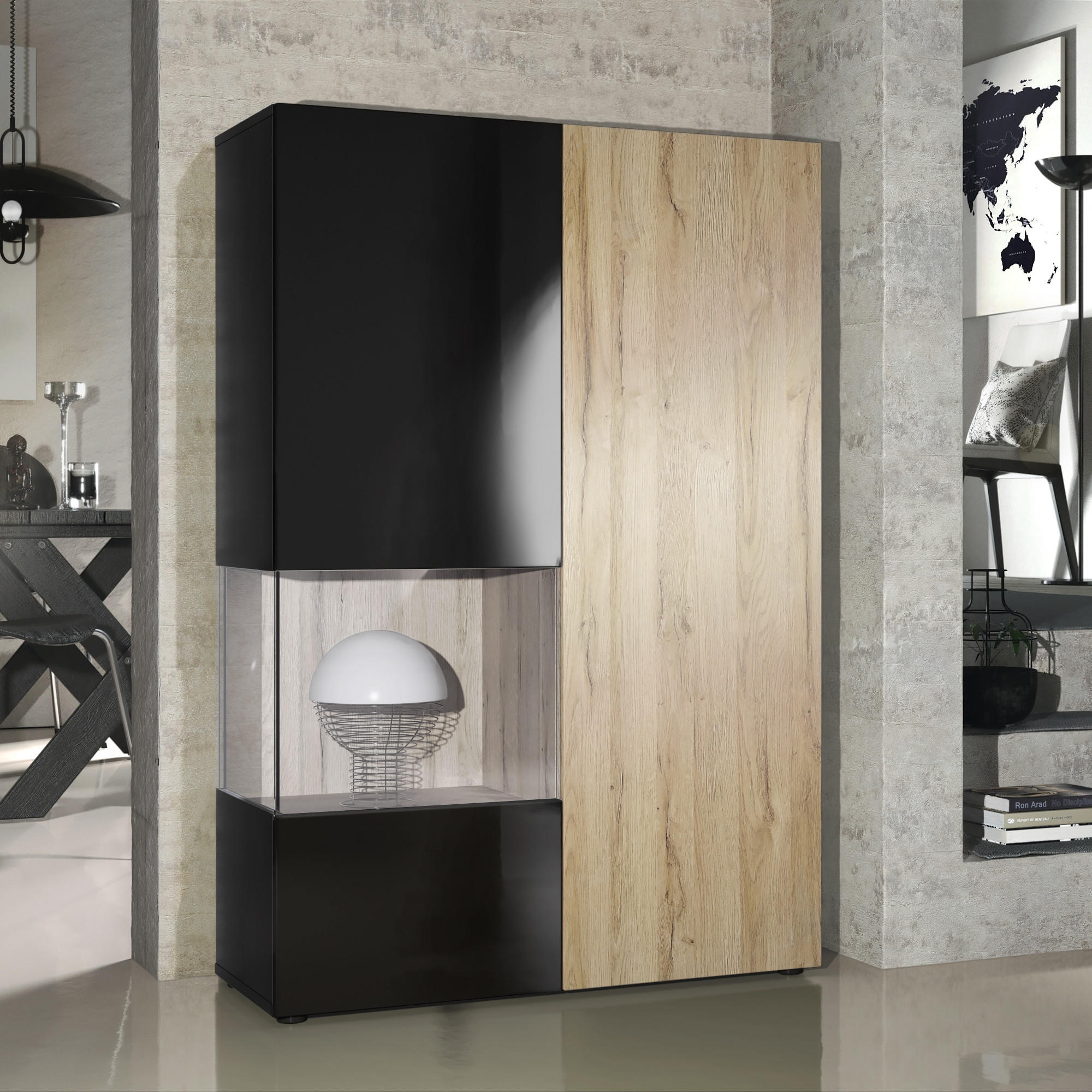 VITRINE Morena Tür und Einsatz in Eiche Natur - Eichefarben, Holzwerkstoff (91.5/136.5/37cm) - Vladon