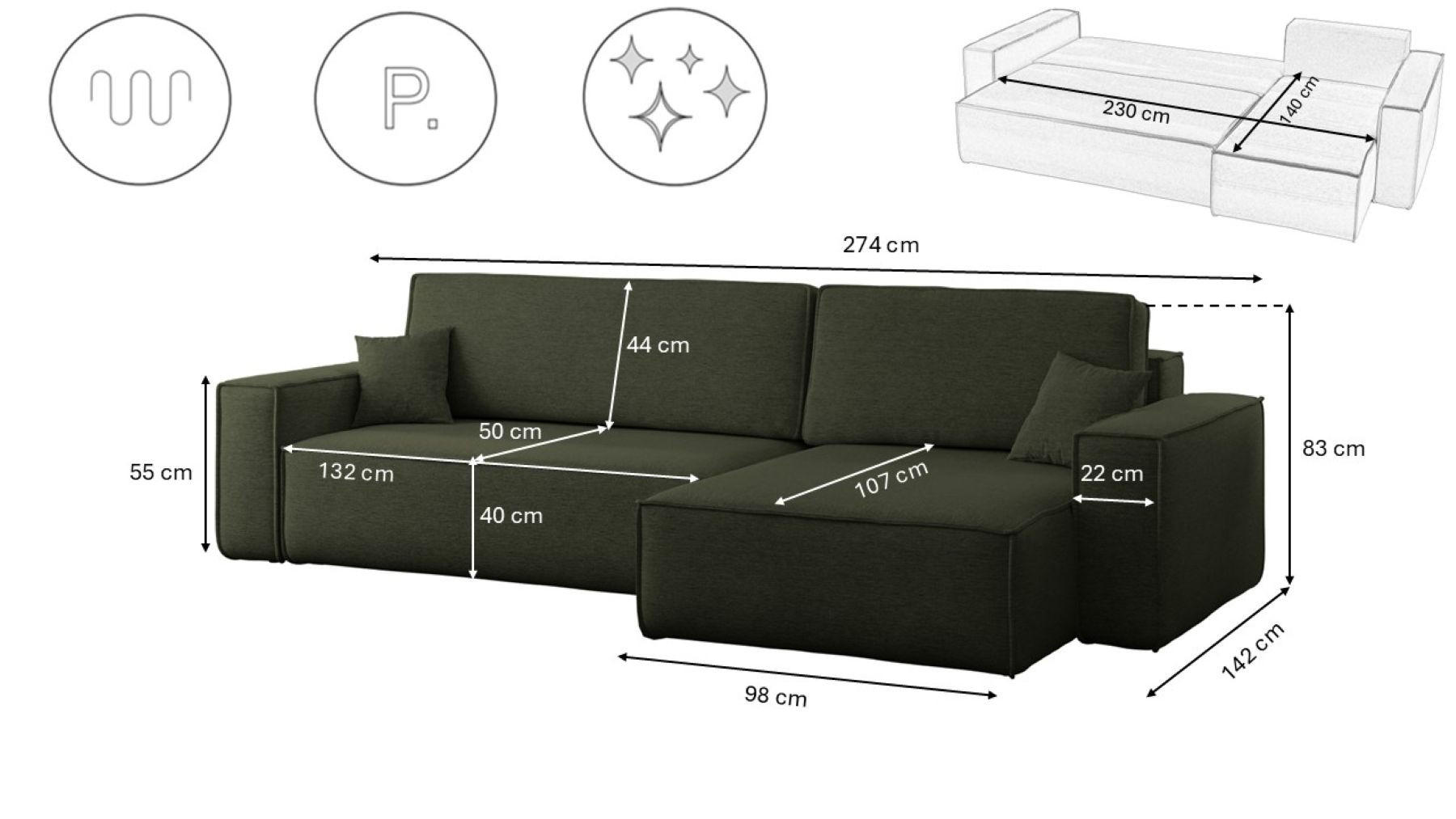 Thumbnail - Kaiser Möbel Ecksofa, Dunkelgrün, Holz, 4-Sitzer, Füllung: Komfortschaum,Komfortschaum, L-Form, 274x145 cm, Wohnzimmer, ...