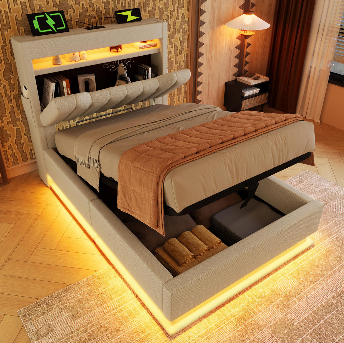 ČALÚNENÁ posteľ 90/200 cm béžová s LED, USB a hydraulickým úložným priestorom z ľanovej tkaniny - béžová, textil (90/200cm) - OKWISH