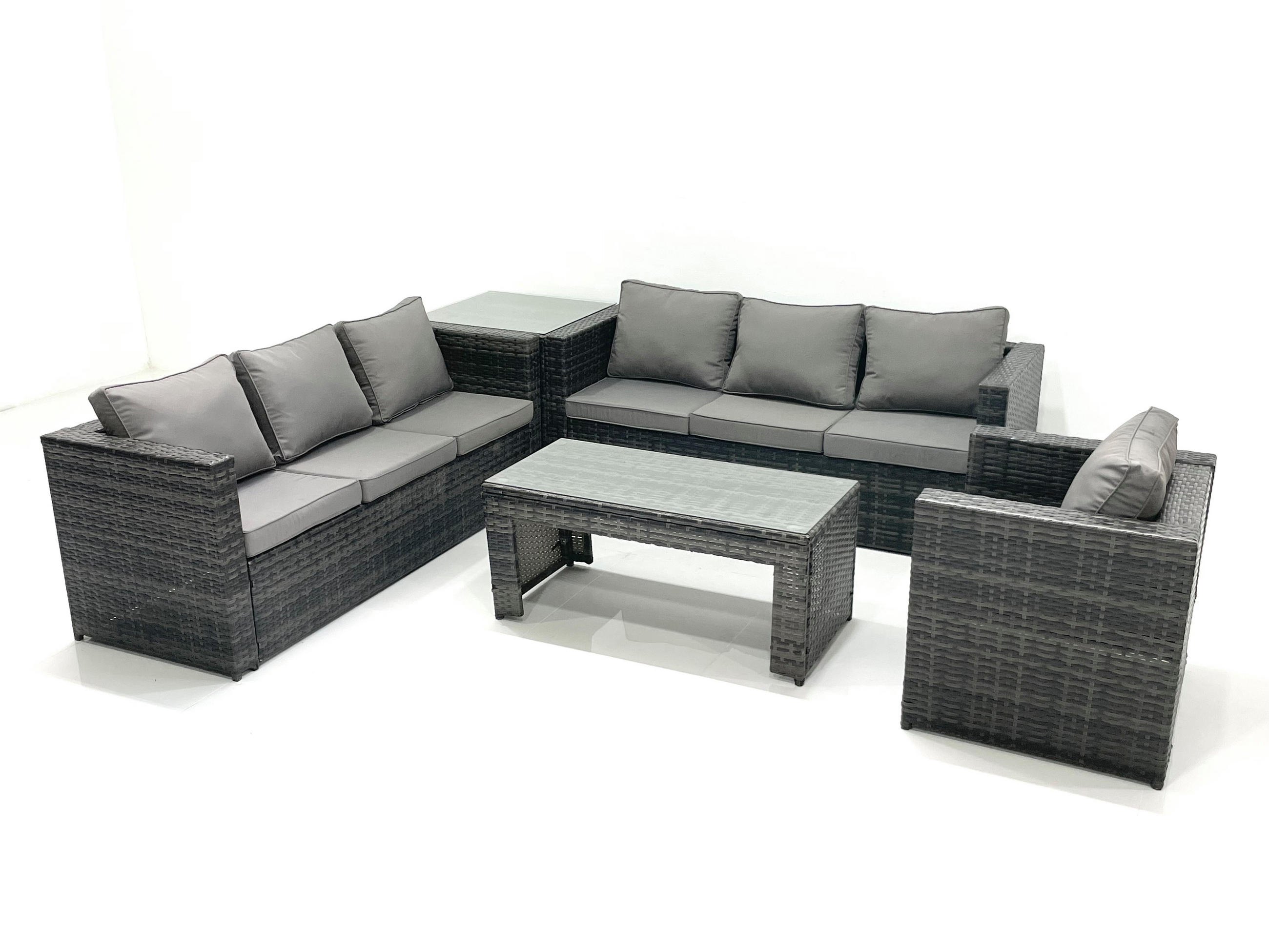GARTENMÖBEL-SET COUCHTISCH SESSEL SOFA mit HOCKER Polyrattan Dunkelgrau Gemischt 7-Sitzer - Dunkelgrau/Grau, Glas/Kunststoff - Fimous