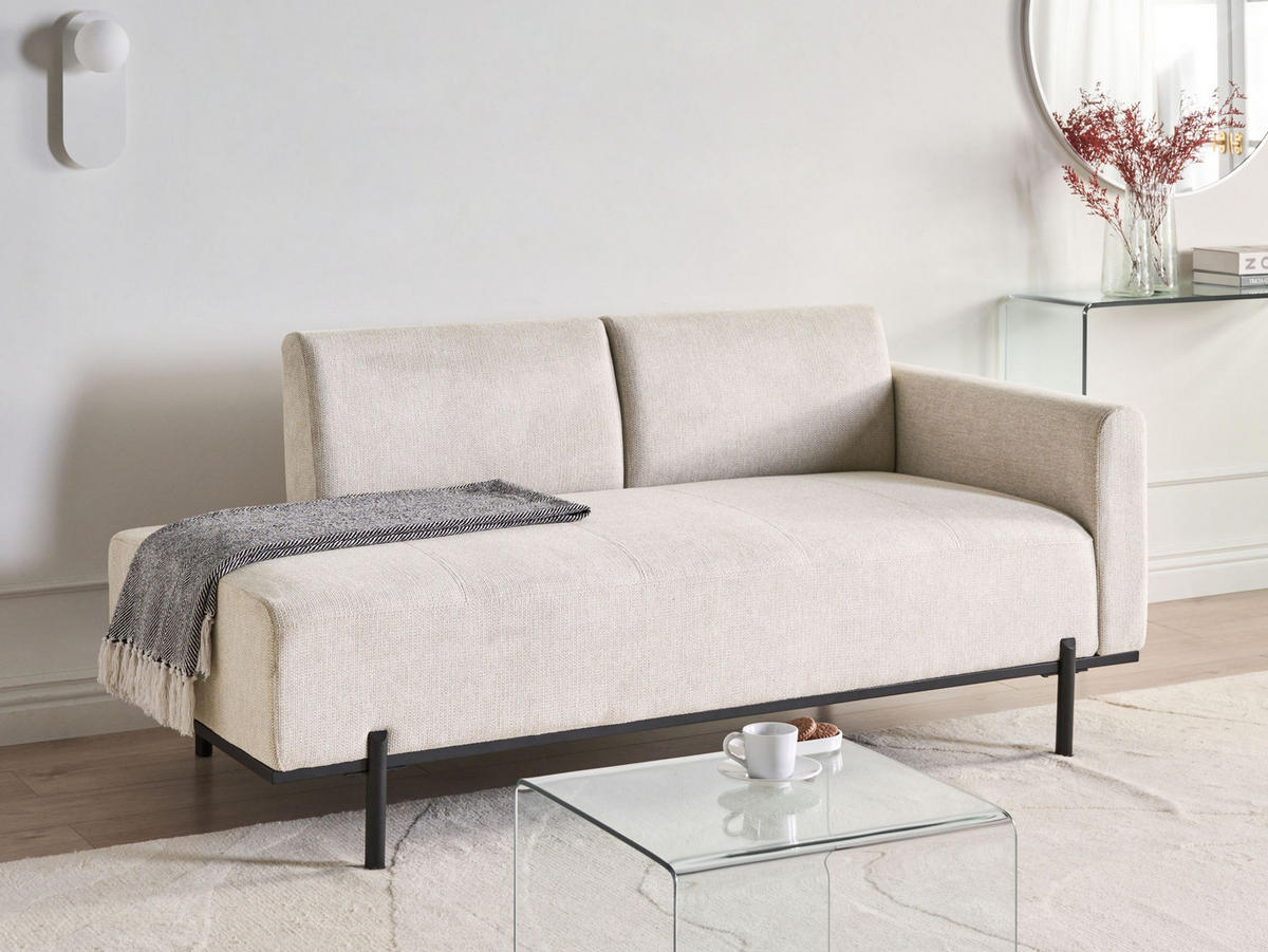 ČALOUNĚNÉ LEHÁTKO CHAISE LONGUE Umělý len Světle béžové Savasse - černá/béžová, textil (170/78/85cm) - Beliani