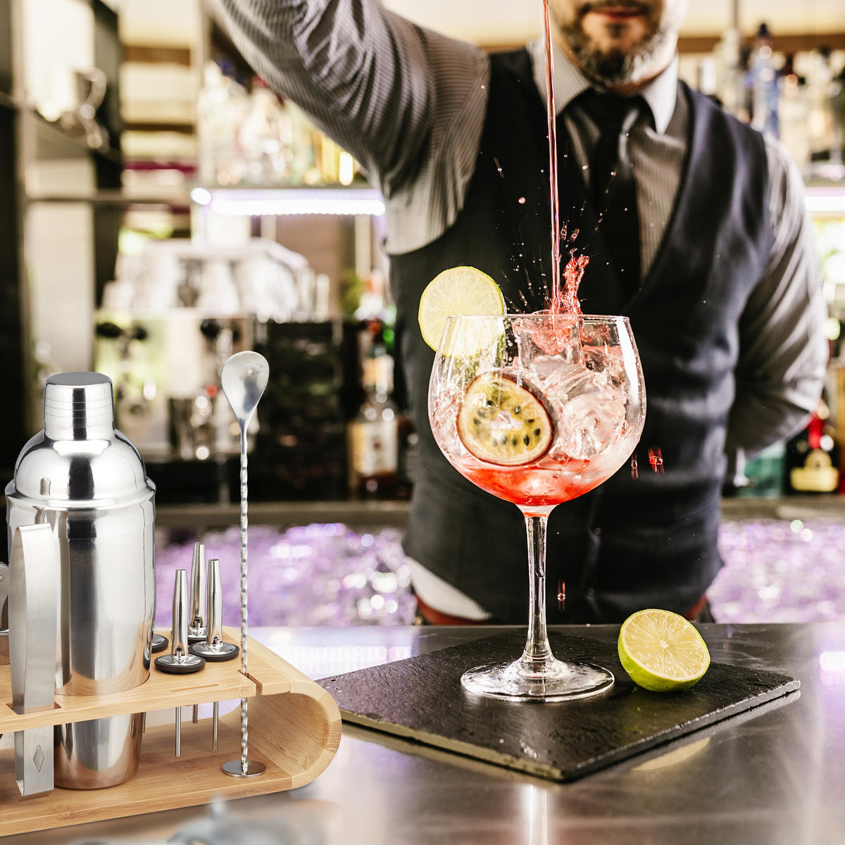 KOKTAILOVÝ set - viacfarebná, kov/drevo (27.5/25.5/10.5cm) - Relaxdays