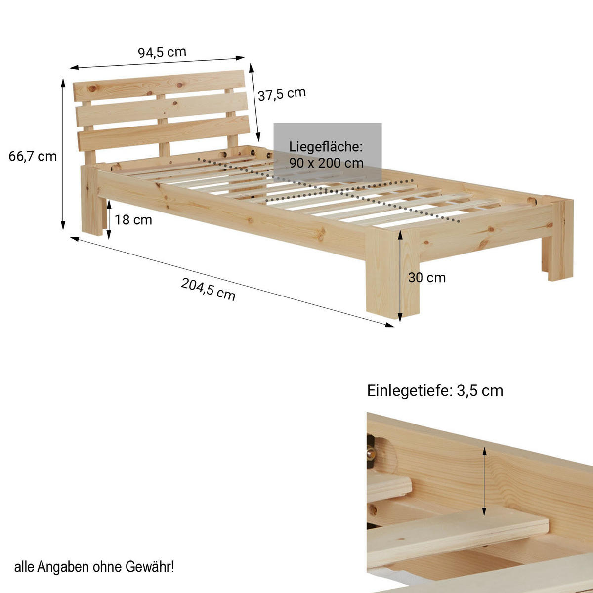 HOLZBETT Natur 90/200 cm Jugendbett mit Lattenrost - Naturfarben, Holz (90/200cm) - Homestyle4u