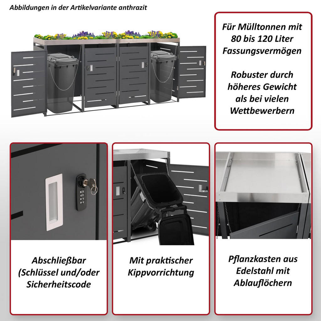 Thumbnail - MCW 4Er-Mülltonnenverkleidung, Anthrazit, Metall, 264x125x84 cm, Aufbewahrung & Schutzhüllen