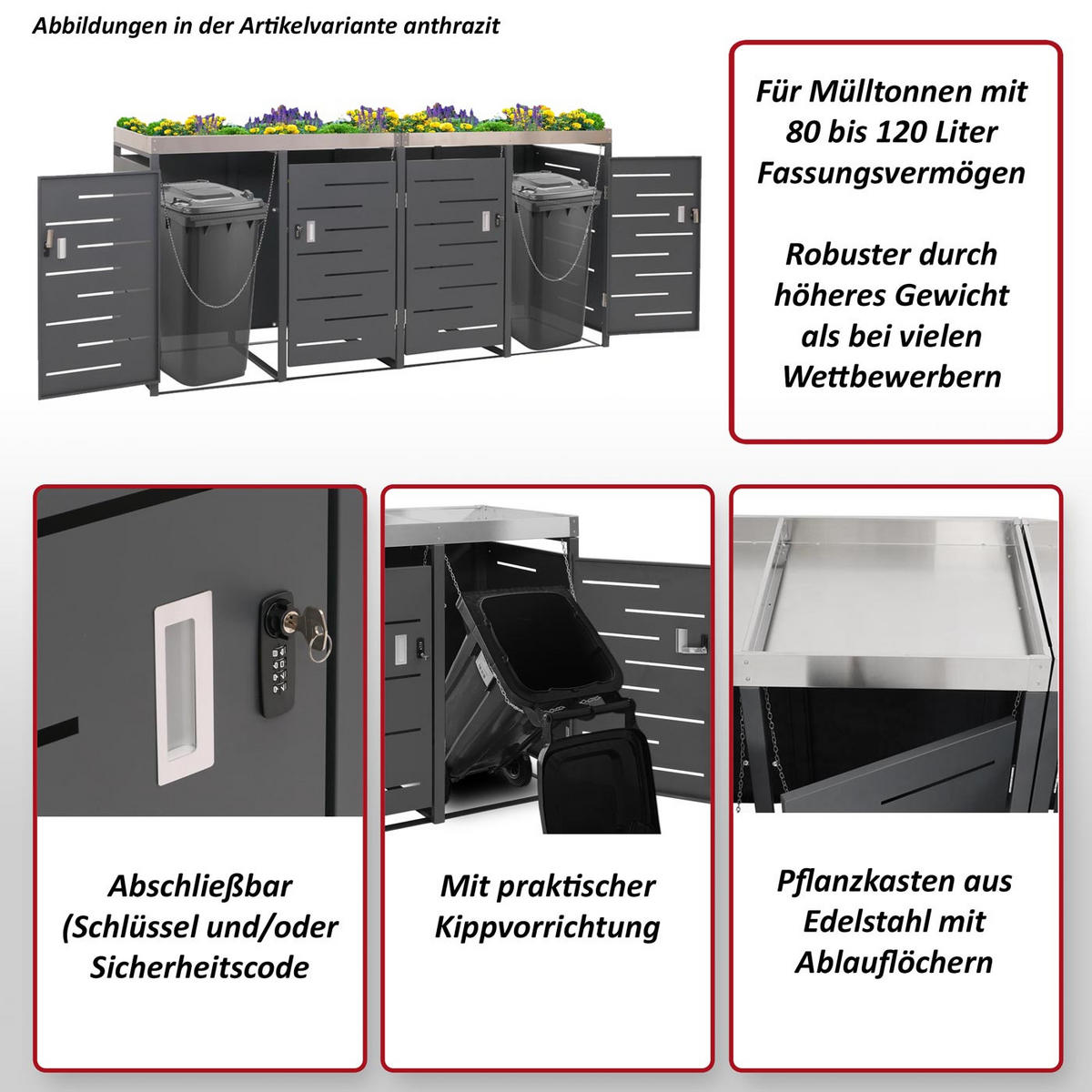 4ER-MÜLLTONNENVERKLEIDUNG rechteckig Anthrazit - Anthrazit, Metall (264/125/84cm) - MCW