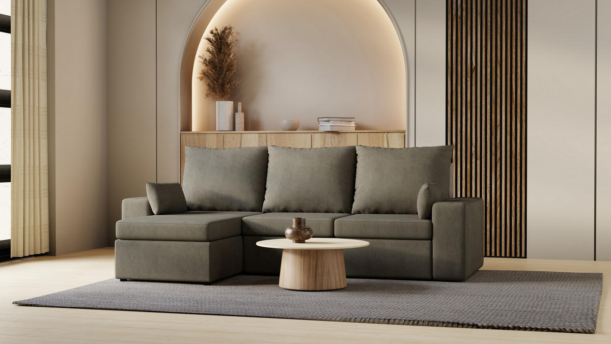 ECKSOFA Paco mit Bettkasten und Schlaffunktion, L-Form/XL-Form, Velourstoff, Universal - Hellgrau, Holzwerkstoff (246/145cm) - 4ALL HOME