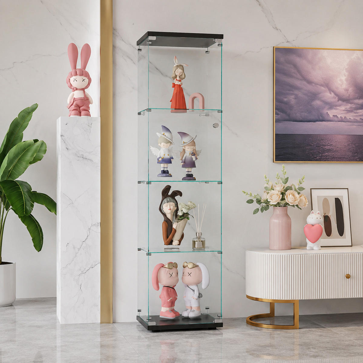 VITRINE,TRANSPARENT, 4-stufig, schwarzer Rahmen, staubdichte Glaswände ohne LED - Schwarz, Glas (42.5/164/36.5cm) - Joyfair
