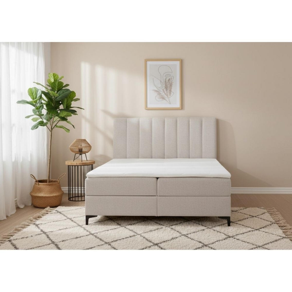 BOXBETT Siena mit Bonnelmatratze und Topper, 140x200, Beige - Beige/Schwarz, Holzwerkstoff/Kunststoff (140/200cm) - AN-Moebel 4u