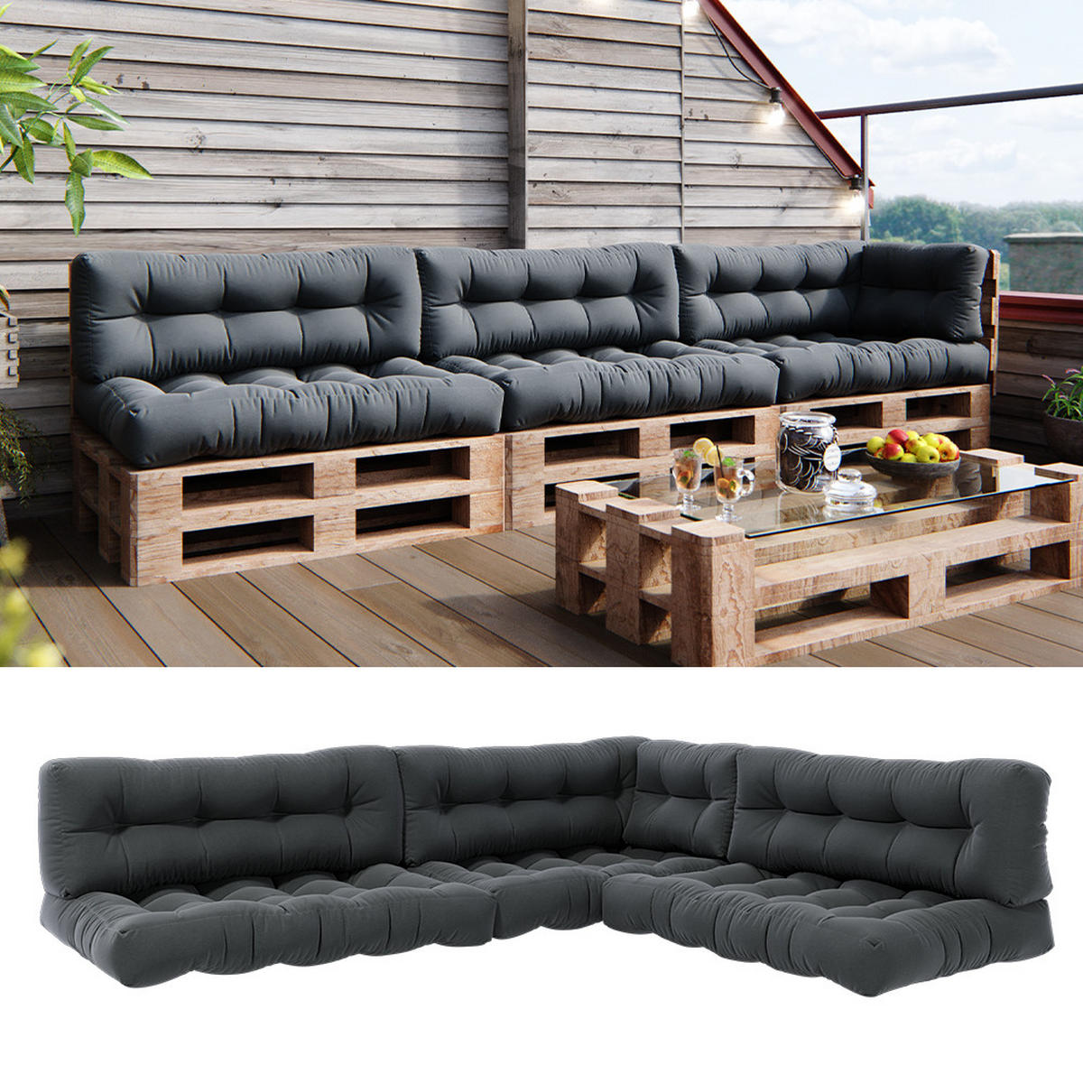 PALETTENKISSEN SET Flocken Anthrazit 7 Teile - Anthrazit, Textil (120/15/80cm) - Vicco