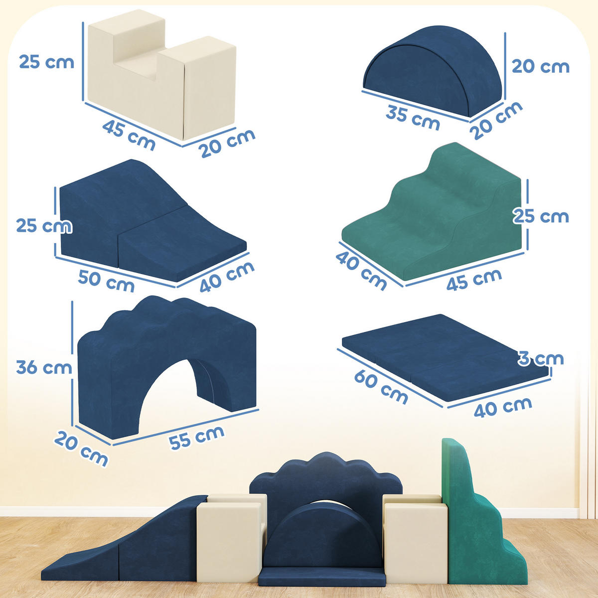 KINDER Schaumstoff Bausteine 7er Set Riesenbausteine Klettern Softbausteine - Dunkelblau, Textil (40/50cm) - AIYAPLAY