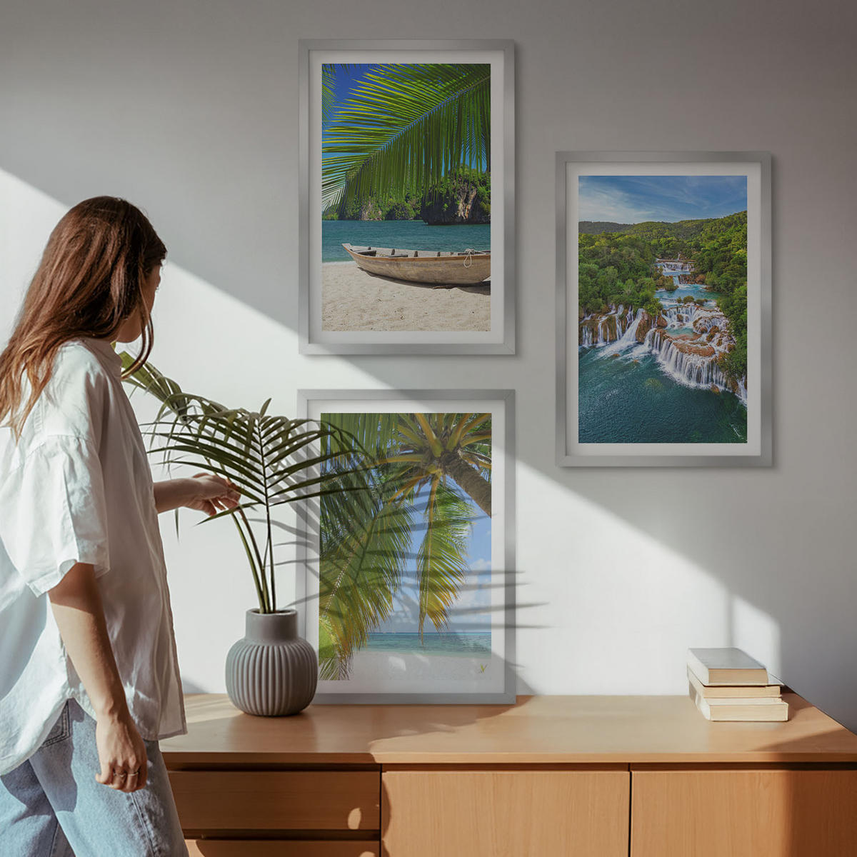 WANDBILDER 3er Set - 40x60 cm Silberner Rahmen - Strand, Boot, Wasserfälle, Palmen - Silberfarben, Kunststoff (40/60cm) - ArtPrintCave