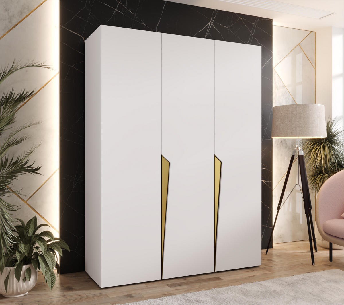 DREHTÜRENSCHRANK 202/150/52 3-türig - Goldfarben/Weiß, Holz/Metall (150/202/52cm) - Abiks Möbel