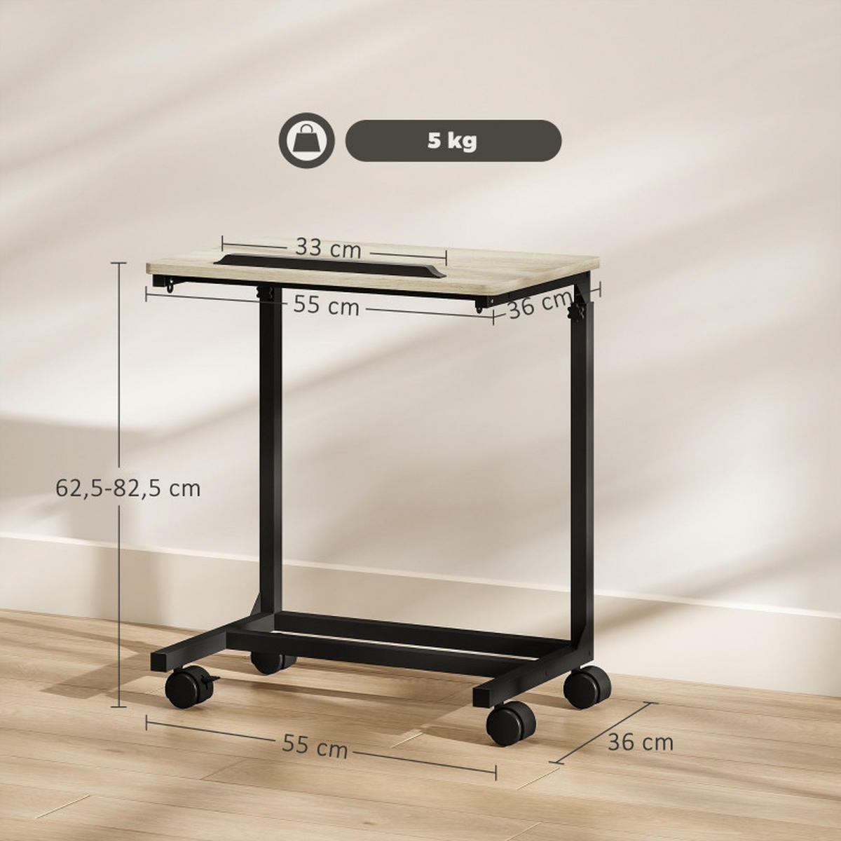 BEISTELLTISCH 55/36/62,5-82,5 cm Weiß in C-Form höhenverstellbar mit Rollen - Eichefarben, Holzwerkstoff (55/36/82.5cm) - OKWISH