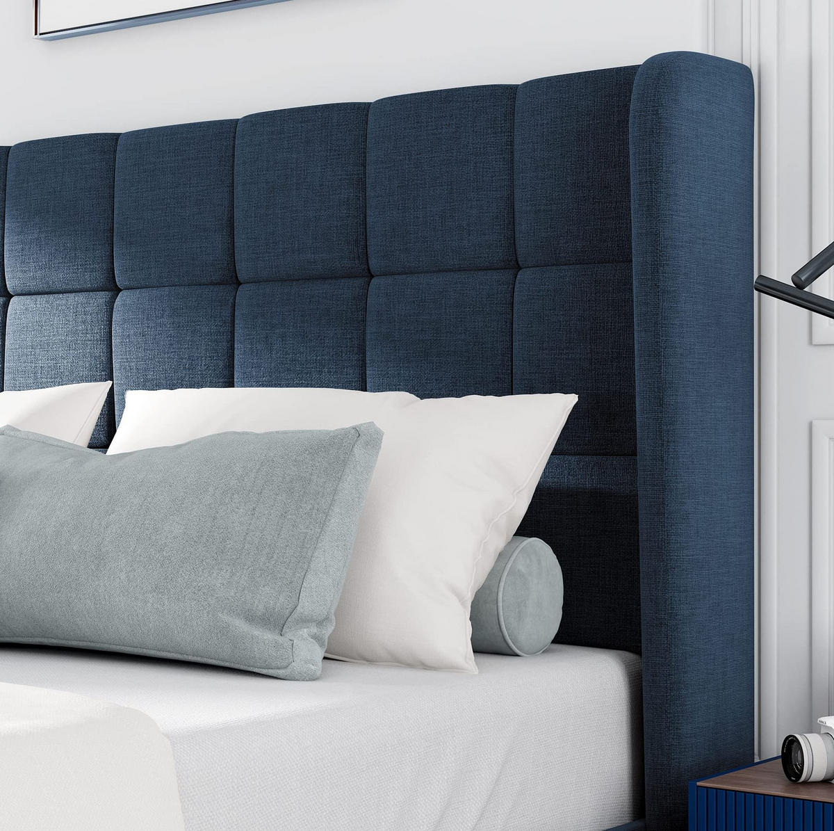 ČALOUNĚNÁ postel 140/200 cm modrá z lnu s roštem a vysokým čelem - modrá, textil (140/200cm) - OKWISH