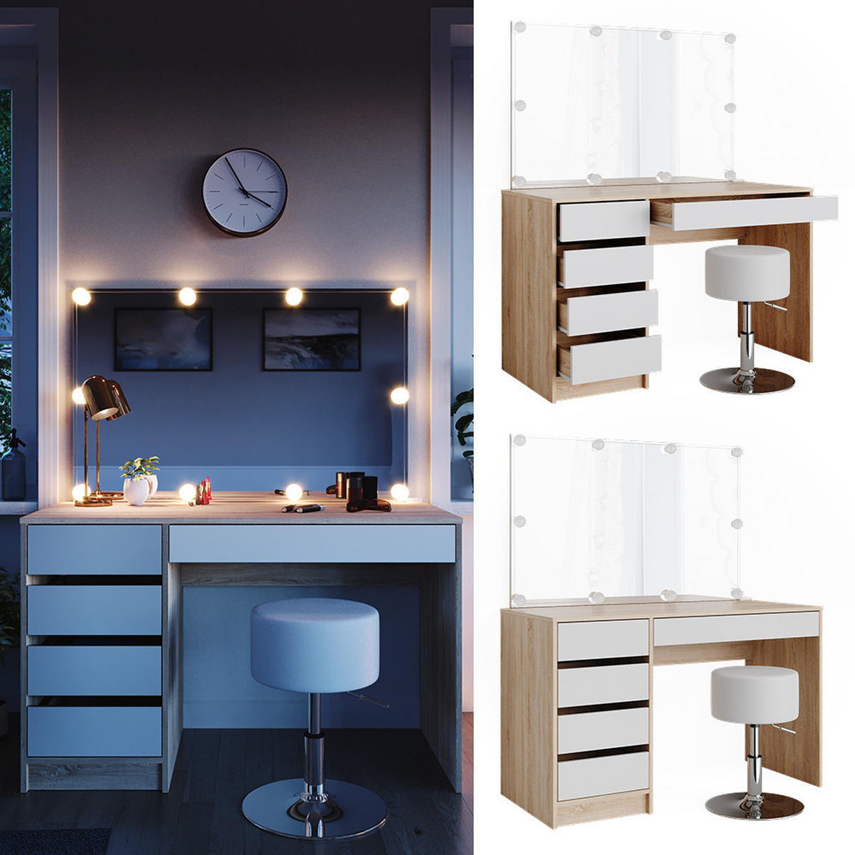 SCHMINKTISCH Sherry Weiß/Sonoma 120 cm mit LED Beleuchtung und Hocker - Weiß/Sonoma Eiche, Holzwerkstoff (120/75/55cm) - Vicco