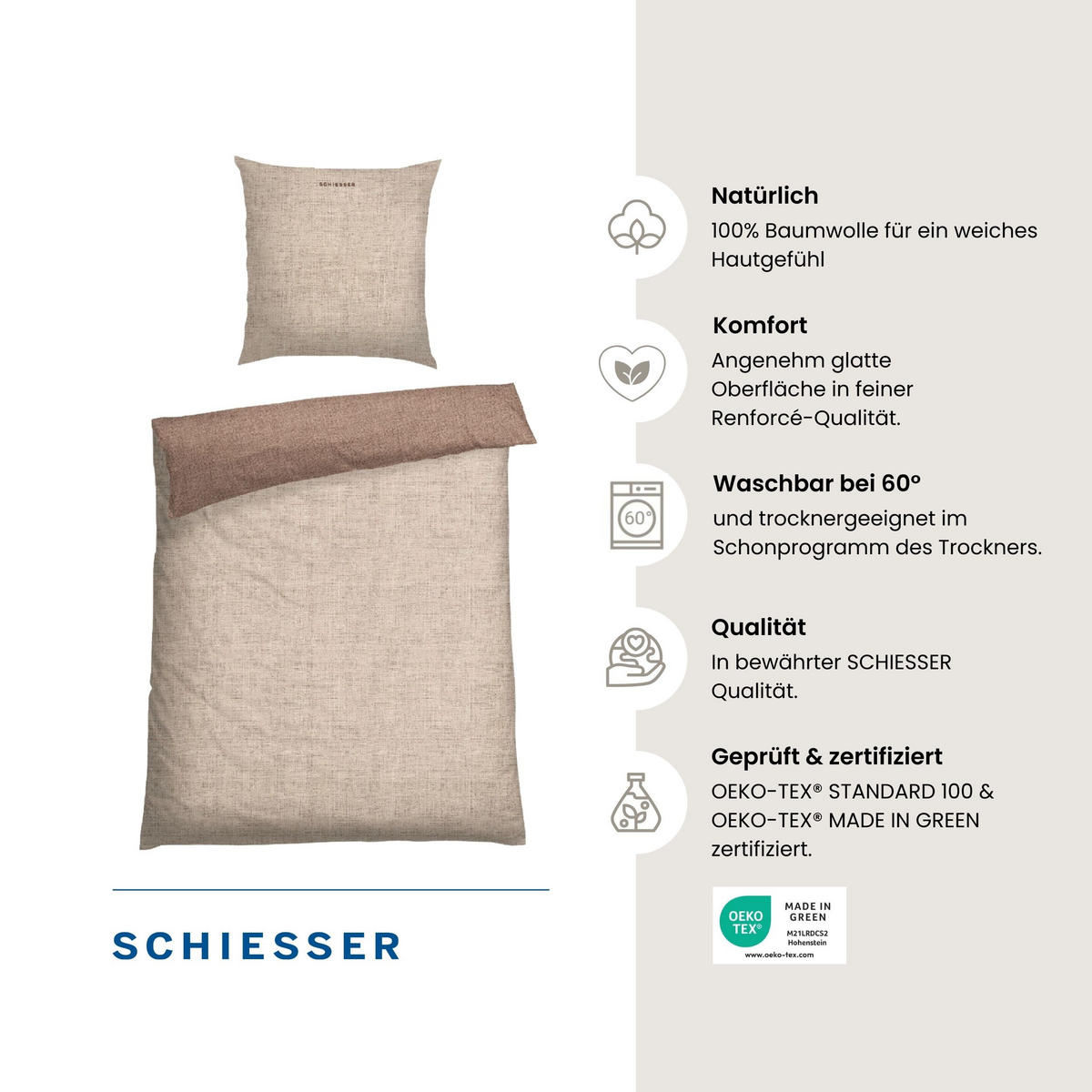 BETTWÄSCHESET Doubleface - Renforcé - 2-teilig - 135 x 200 cm - Sand - Sandfarben, Textil (135/200cm) - SCHIESSER
