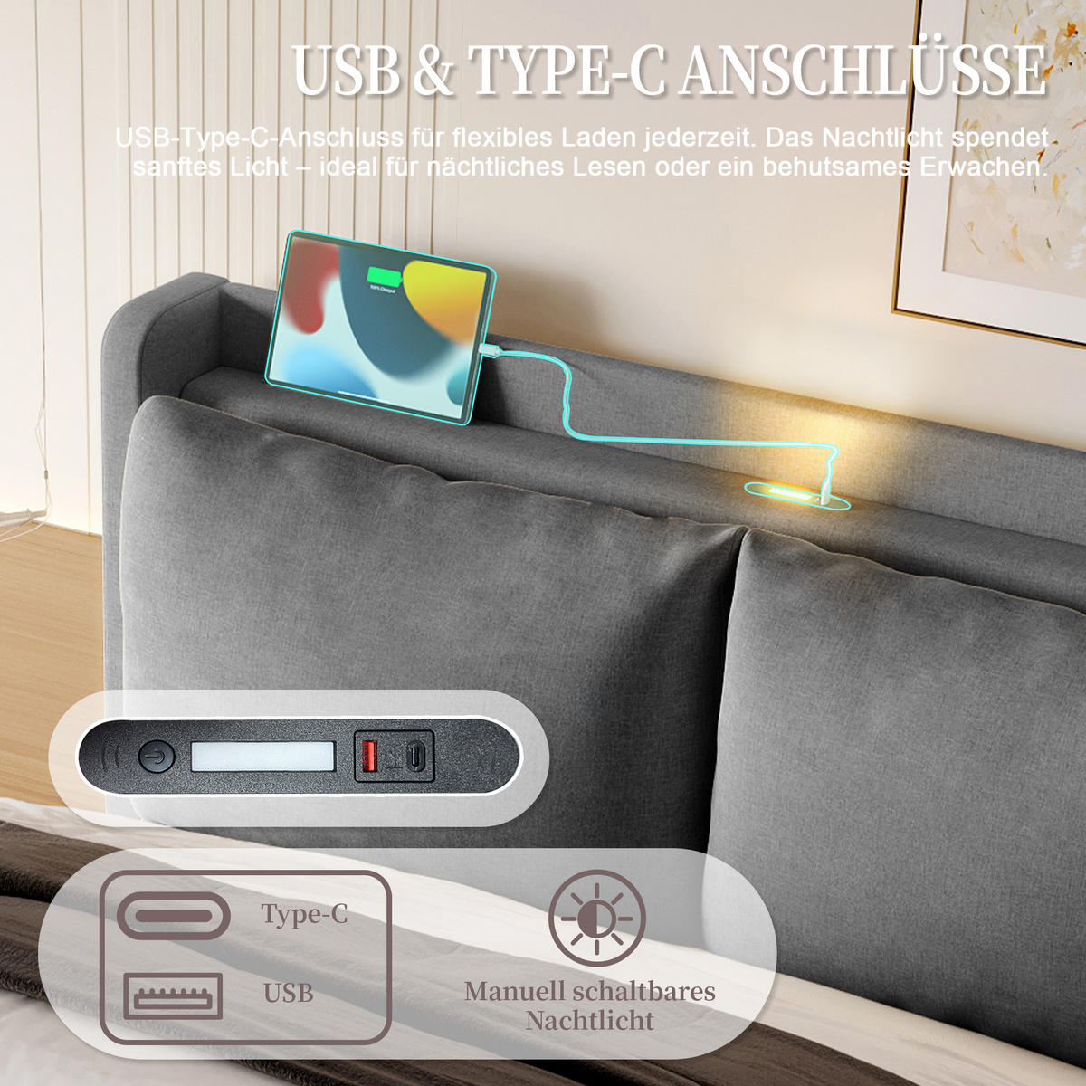 POLSTERBETT 140x200 cm LED USB Stauraum - Dunkelgrau, Textil (140/200cm) - LEBENLANG