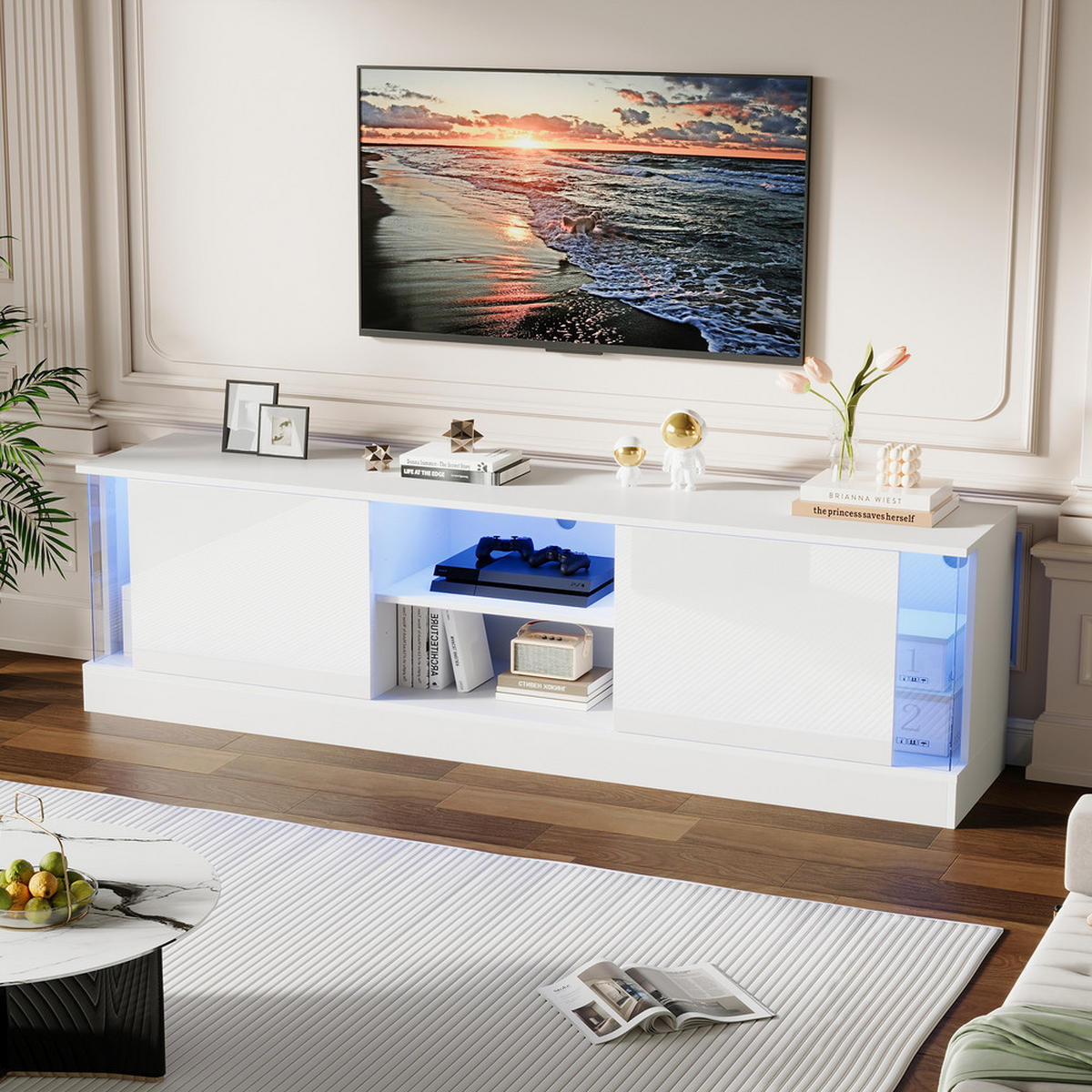 TV-SCHRANK Hochglanzweiß LED-Beleuchtung Stauraum bis 70 Zoll - Weiß, Holz (48.26/17.78/64.77cm) - FLIEKS