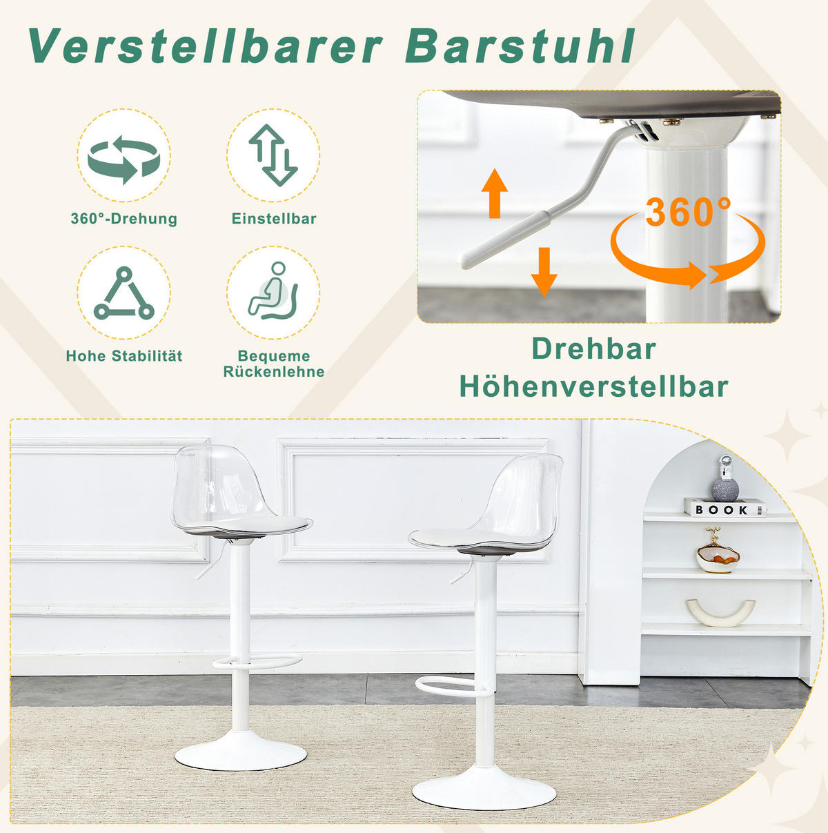 STÜHLE aus Metall/Kunststoff mit 360° Drehung, Transparent/Weiß - Transparent, Metall (40.5/104/40.5cm) - OKMYHOME