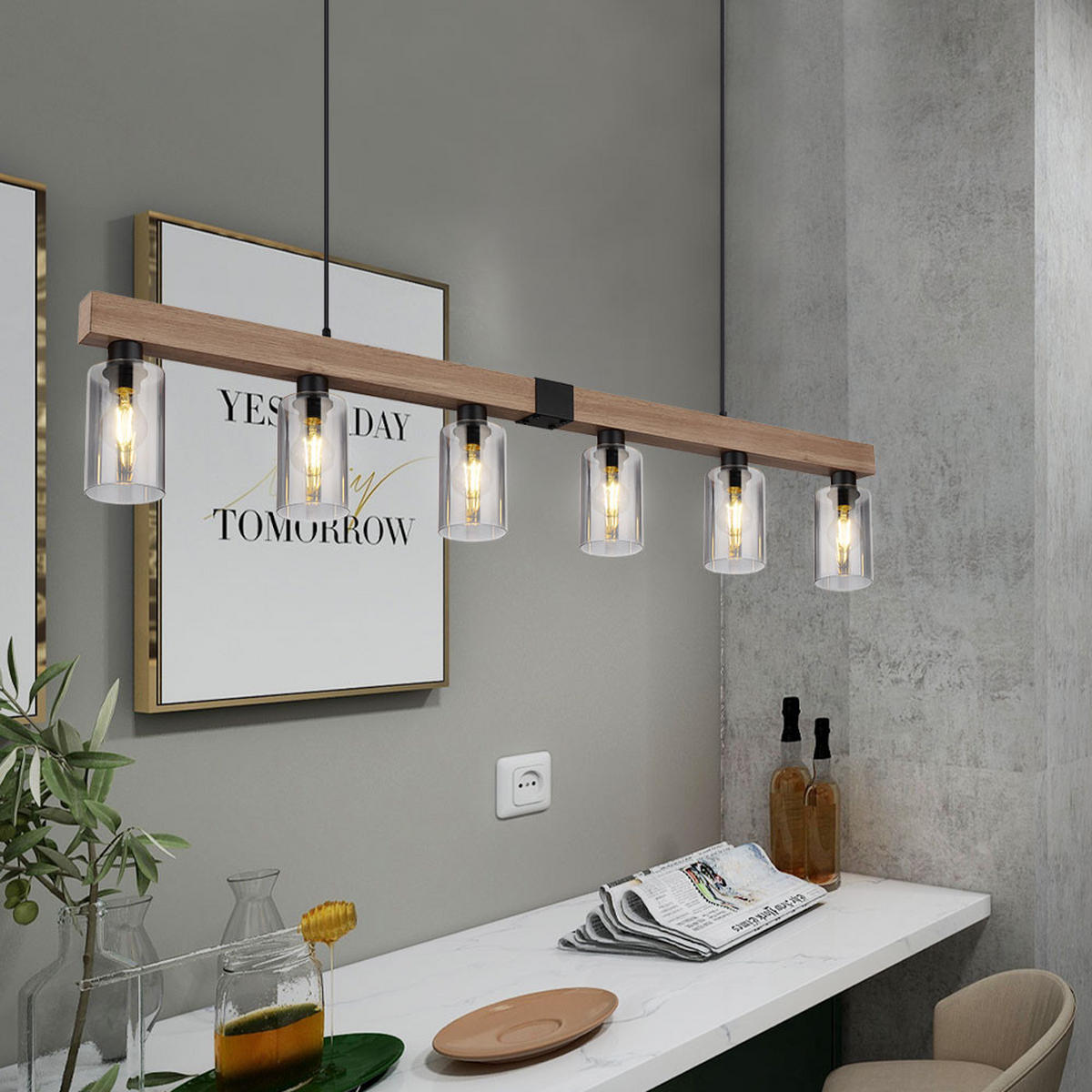 HÄNGELEUCHTE HADERA Metall Schwarz Holzoptik - Schwarz, Glas (140/10/120cm) - Globo Lighting