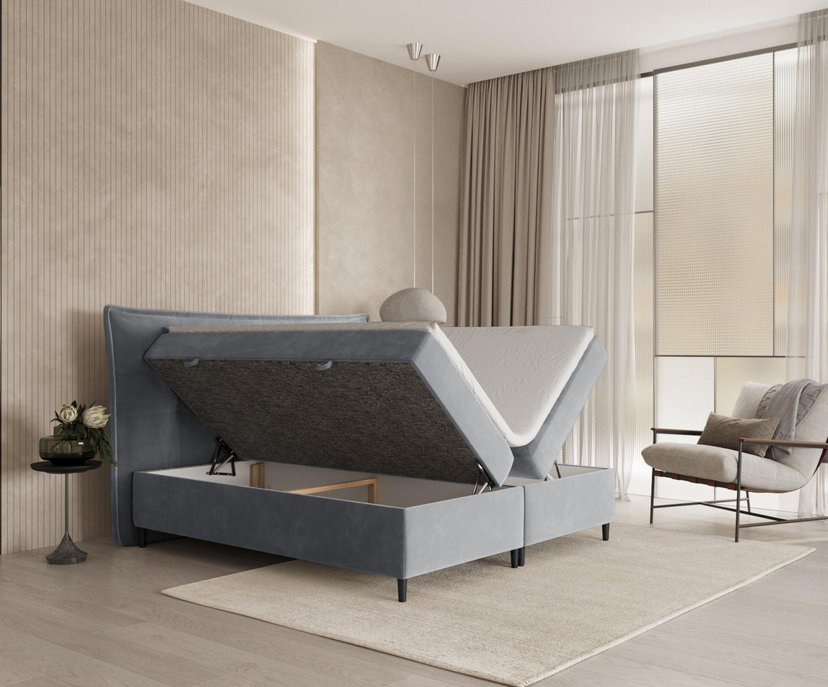 BOXBETT Sinai Blau Grau 140/200 cm mit Taschenmatratze und Topper - Blaugrau/Schwarz, Holz/Holzwerkstoff (140/200cm) - Maison de Reve