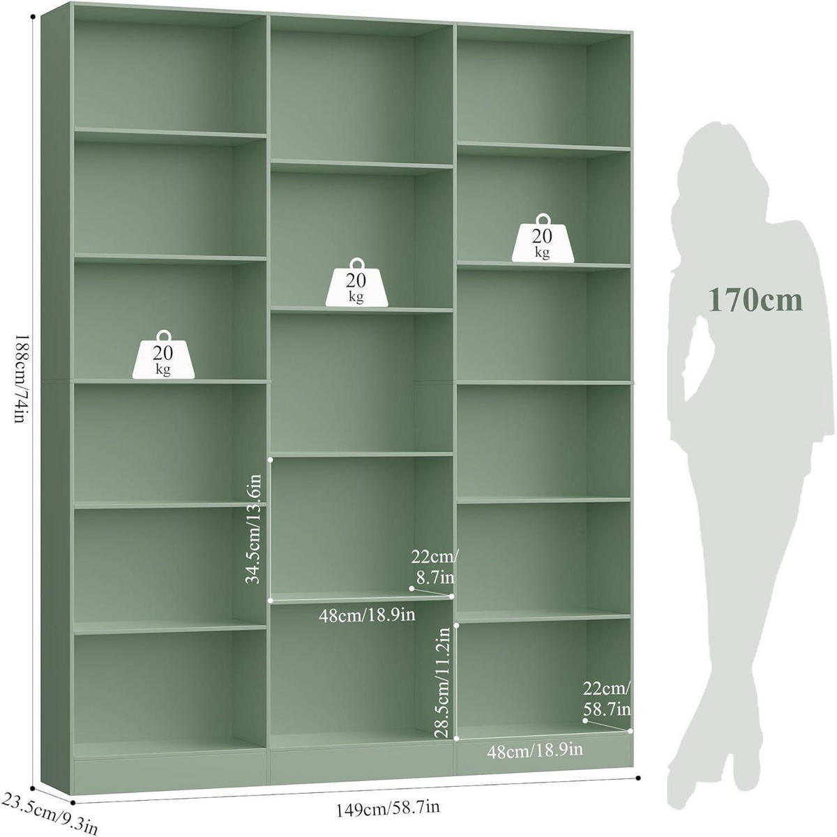 BÜCHERREGAL 188 cm grün - Grün, Holzwerkstoff (149/188/23.5cm)