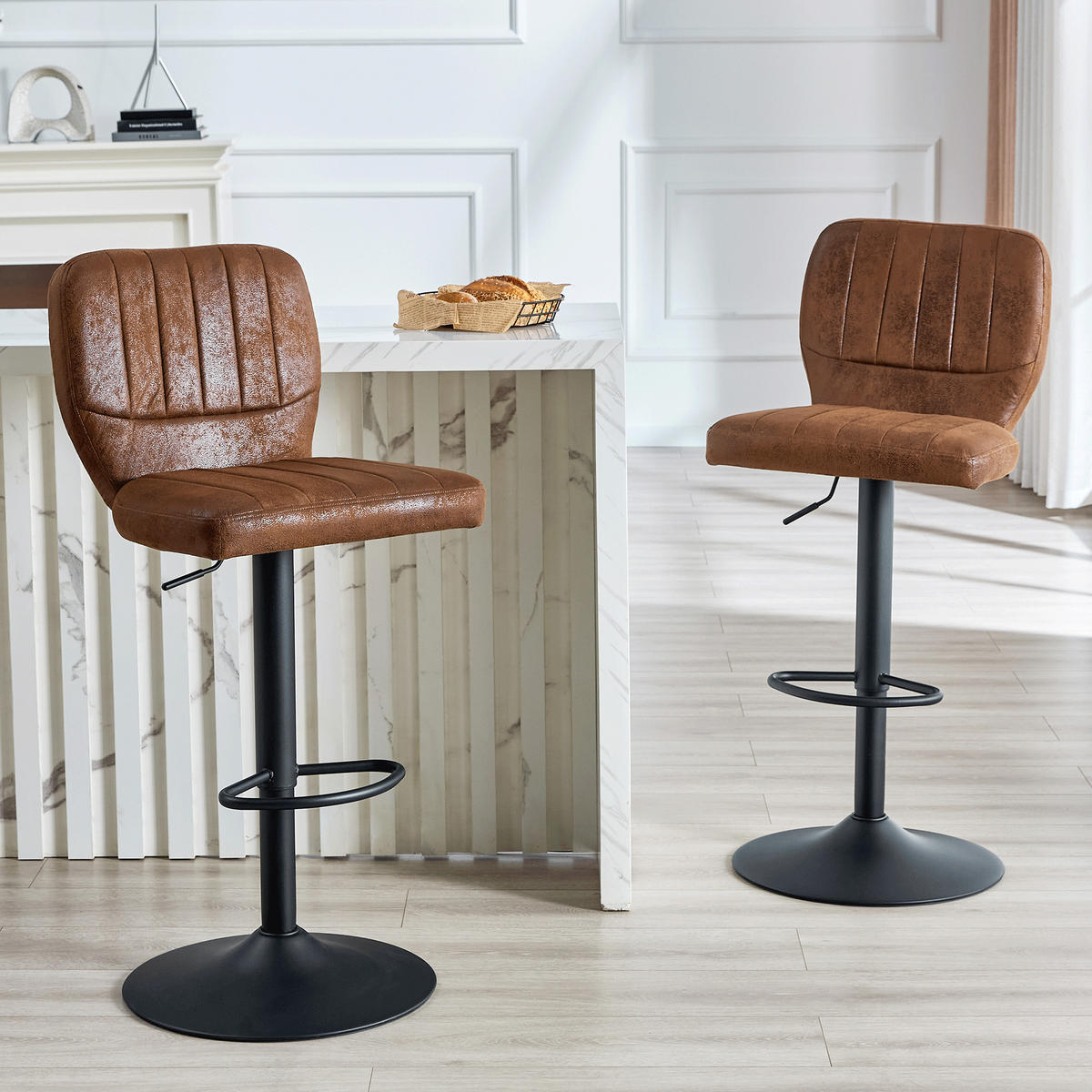 BARHOCKER 2er-Set Braun-Schwarz höhenverstellbar & 360° drehbar mit Rückenlehne - Schwarz, Metall (52/93/45cm) - PANGIVO