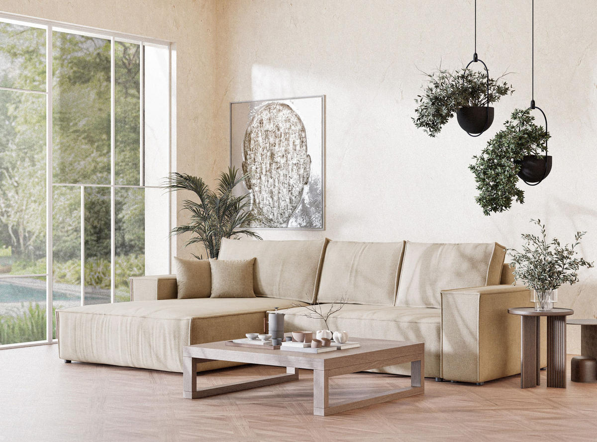 ECKSOFA Maze Beige Chenille-Stoff - Links Seite - Beige/Schwarz, Holz/Holzwerkstoff (185/294cm) - Maison de Reve