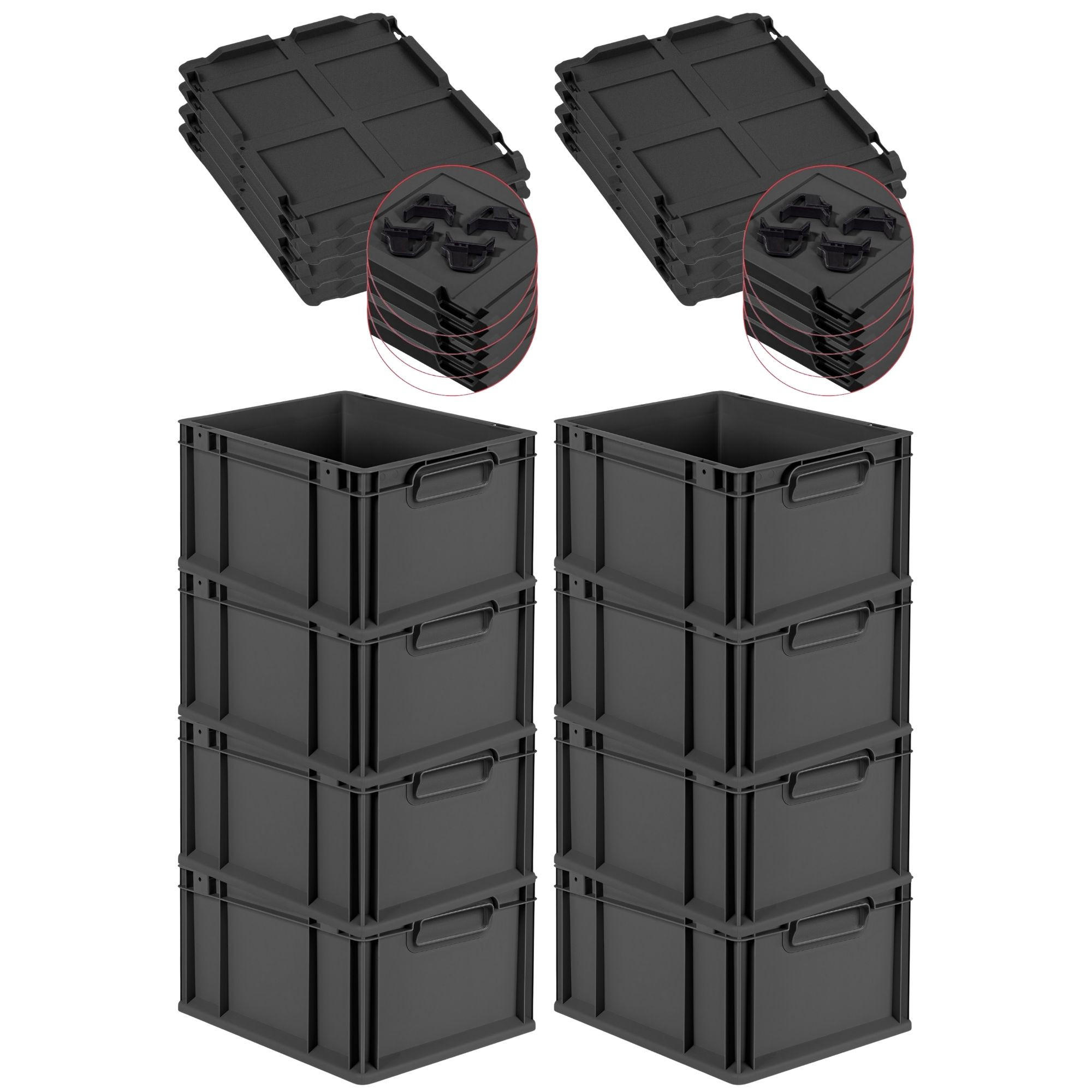 EUROBOX 8x NextGen Color mit Auflagedeckel 22x30x40 cm 20 Liter Schwarz Griffe schwarz zu - Anthrazit/Schwarz, Kunststoff (30/22/40cm) - PROREGAL