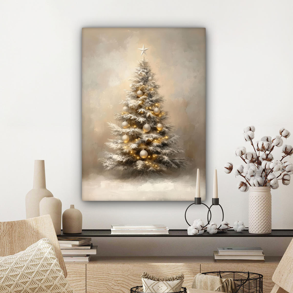 LEINWANDBILD Weihnachten - Weihnachtsbaum - Schnee - Kunst Wandbild Wohnzimmer 60x80 cm - Champagner, Textil (60/80cm) - MuchoWow