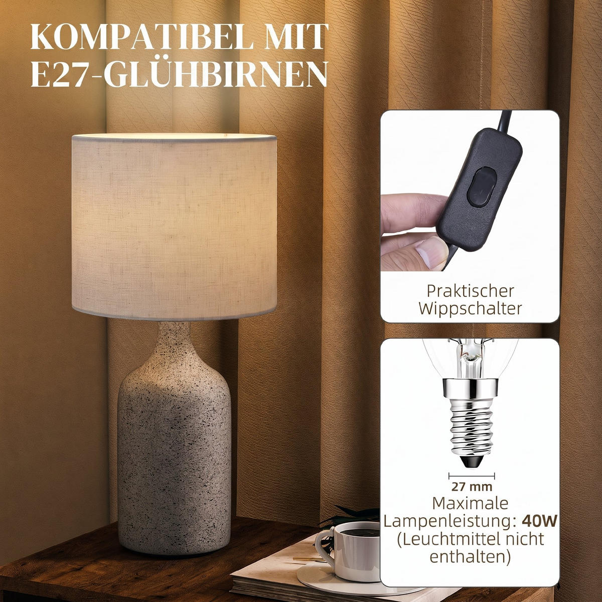 STOLNÍ lampa z keramiky, lněné vlákno, béžová - béžová, keramika (22/22/45cm) - HOMCOM